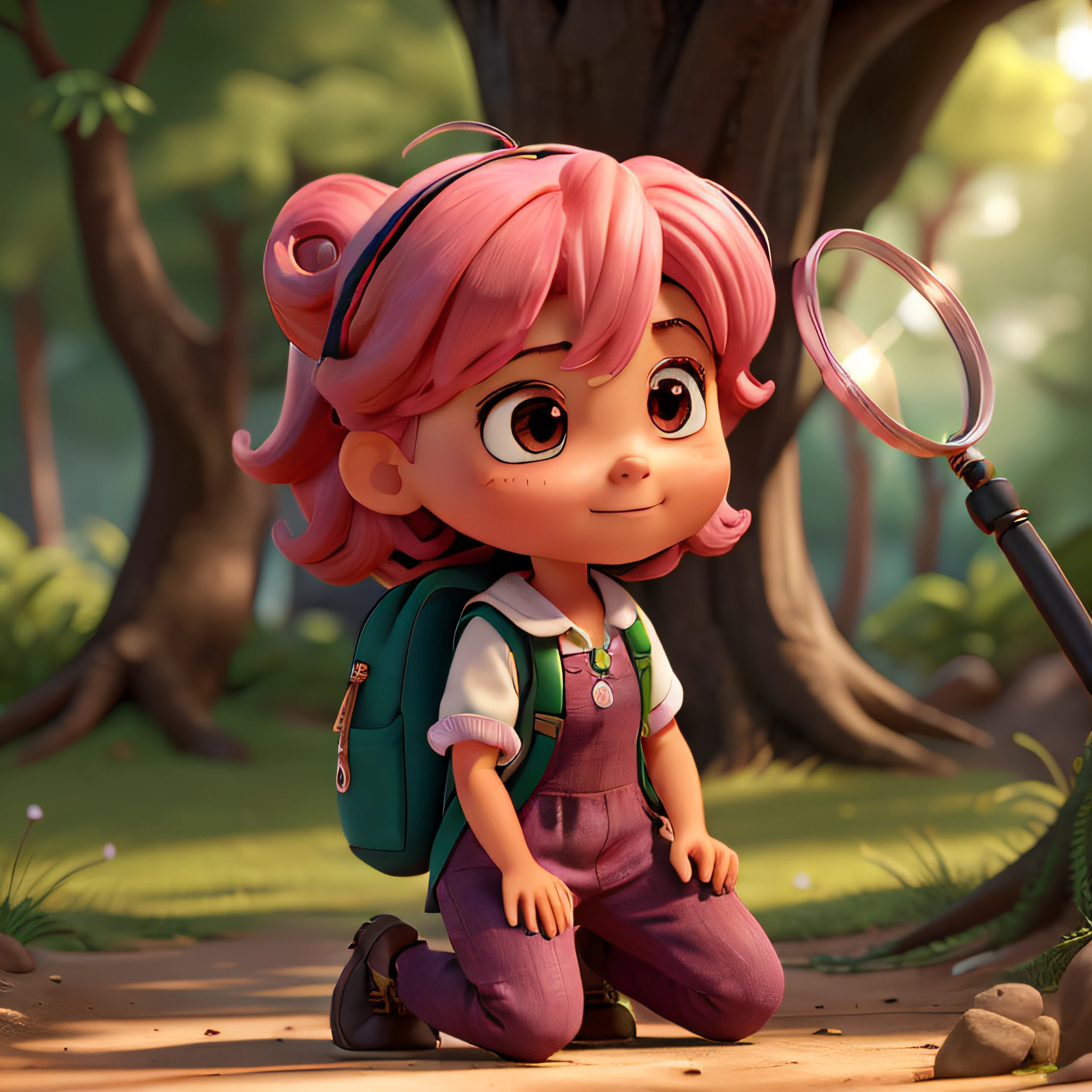 luz, uma menina de 3 anos com cabelo (((rosa))) e olhos castanhos brilhantes, is wearing a green jumpsuit, hiking boots and an explorer's hat. She has a backpack on her back and a magnifying glass in her hand. She's crouched on the floor, olhando uma formiga. The ant is walking on the ground, near the foot of Mluz. MLuz is using the magnifying glass to take a closer look at the ant. She is very interested in learning about the ant. MLuz is happy to be on the mountain. Ela adora explorar a natureza. She's learning a lot about the ant and she's having a lot of fun....