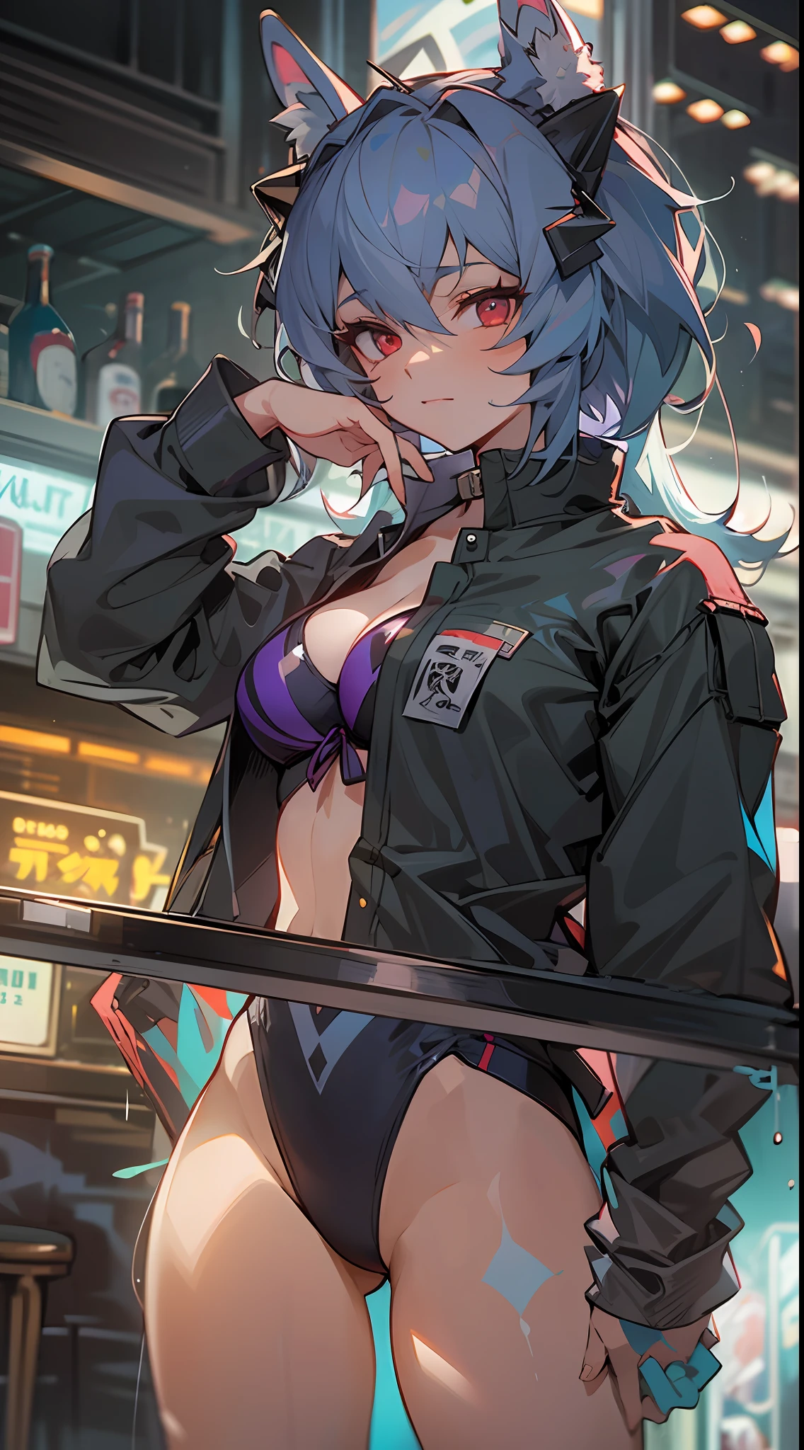 1girl, beautiful eye, smile, jaded bunny girl Ayanami Rei, tired and defiant expression, thin eyebrows, black belt bikini, short, wavy purple hair in a wolf cut, eyes of mixed weariness and defiance, pose of self-defensive stance, short fluffy bunny tail, long bunny ears with a bow, post-closing time bar in the background, neon lights flickering, large bust barely contained by the belt bikini, skin glowing under the dim lights, one hand resting on her hip, other hanging loosely at her side, bar stools and empty glasses in the background, dim lights casting long shadows, her gaze fixed on some distant point, bar counter reflecting the dim light, emptied shot glasses lined up, her stance conveying weariness, worn-out expression that speaks volumes, tinge of rebellion in her stance, the stark contrast between her scanty outfit and the tiredness in her eyes, her figure outlined in the soft glow of neon signs, reluctant resilience etched in her face, air of resignation and defiance, aura of weary allure, poignant atmosphere of after-hours solitude, a picture of the gritty reality behind the glitz and glamor,