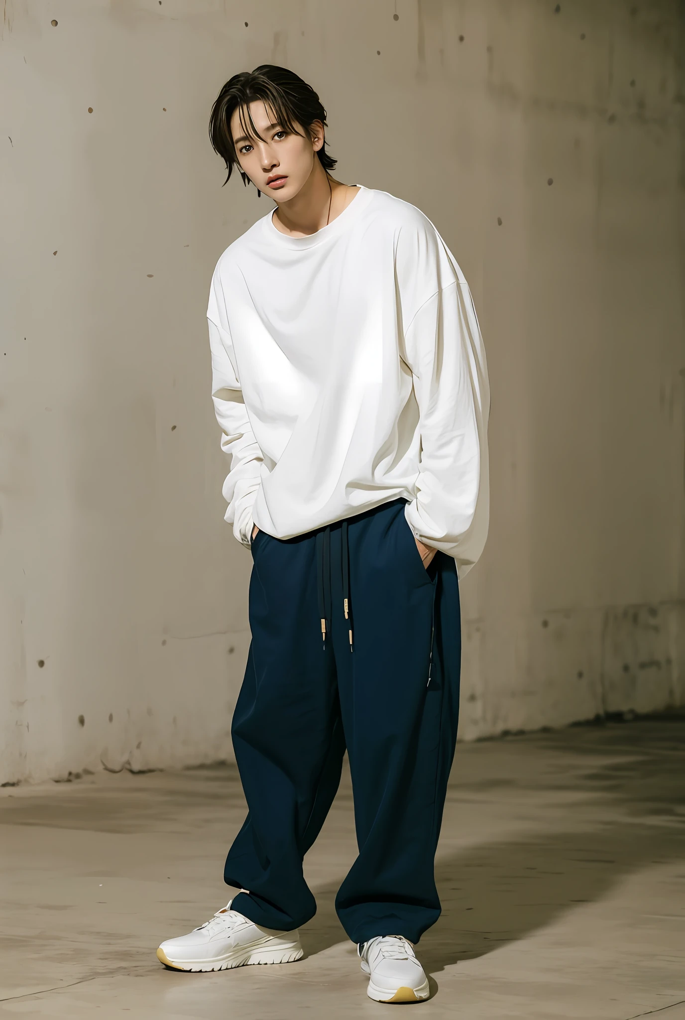 Um garoto coreano  posing for photo shoot wearing loose baggy pants,  corpo inteiro, fundo liso, jungkook, jungkook taeyang Jimim 1 boy, 1 homem, homem masculino coreano, homem masculino sozinho coreano sozinho, solo, sozinho