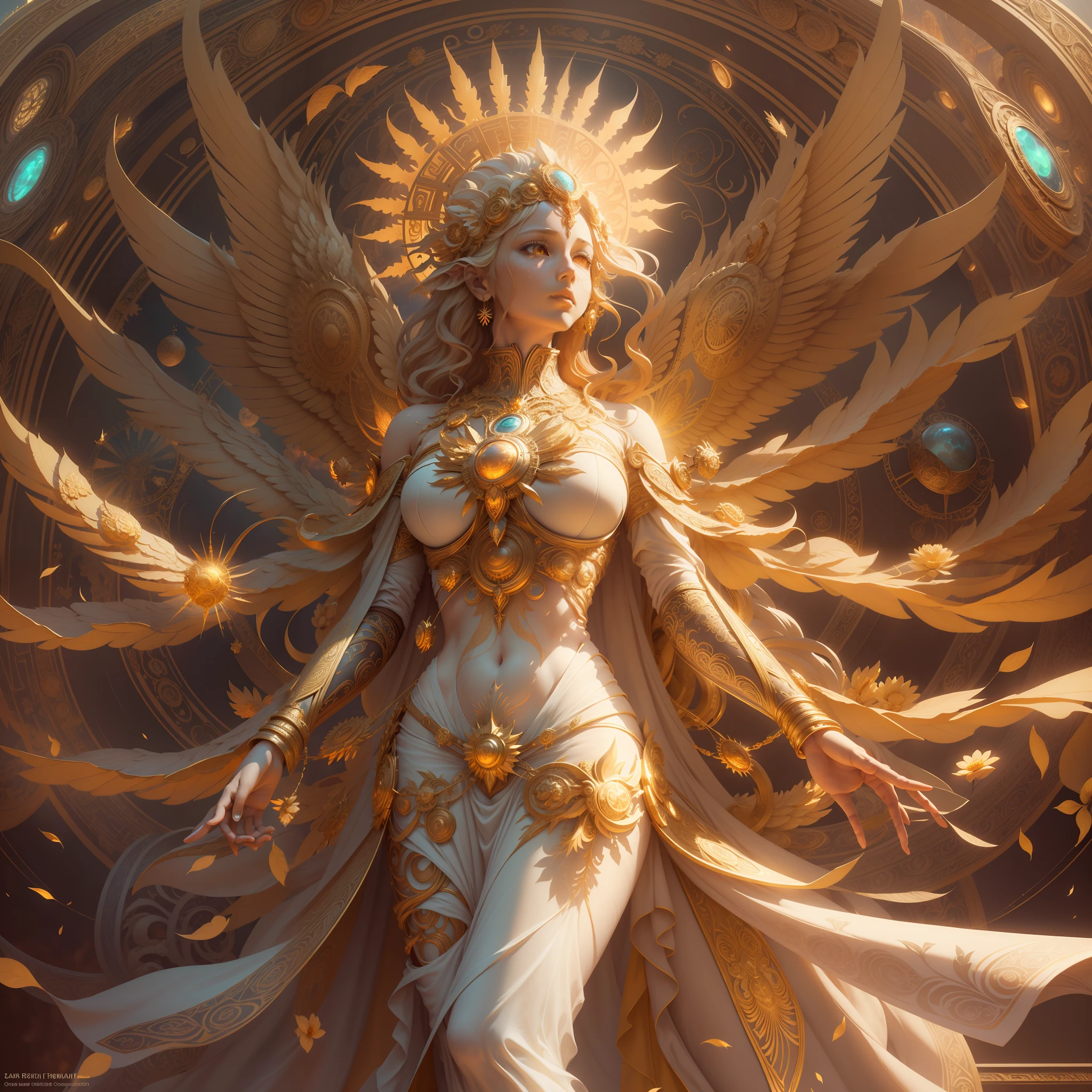 surrealism, conceptual art, classicism, back lit lighting, full bloom, Optical illusion, wide angle full body, in a panoramic view, Ultra-wide angle full body,projected inset, hyper HD, Masterpiece, Textured skin, Super detail, High quality, Award-Awarded,It has a large golden flower on it, enlightening. Intricate, full bodyesbian, The goddess of the sun who blesses the masses, Flying,Extremely detailed full-body shot of the goddess, the solarpunk phoenix, Symmetrical epic fantasy art, unreal engine rendered, Goddess of Light, gold ethereal light, ethereal angelic being of light, art nouveau octane render, intricate ornate anime cgi style