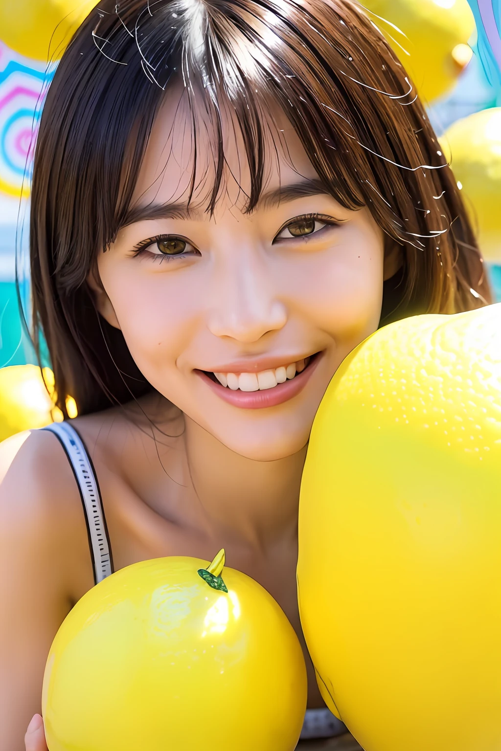 (extra detailed body、extra detailed face、best qualtiy:1.2)、femele、looking at the viewers、(psychedelic、marbling、a smile)、(Lemon on the background:1.4)