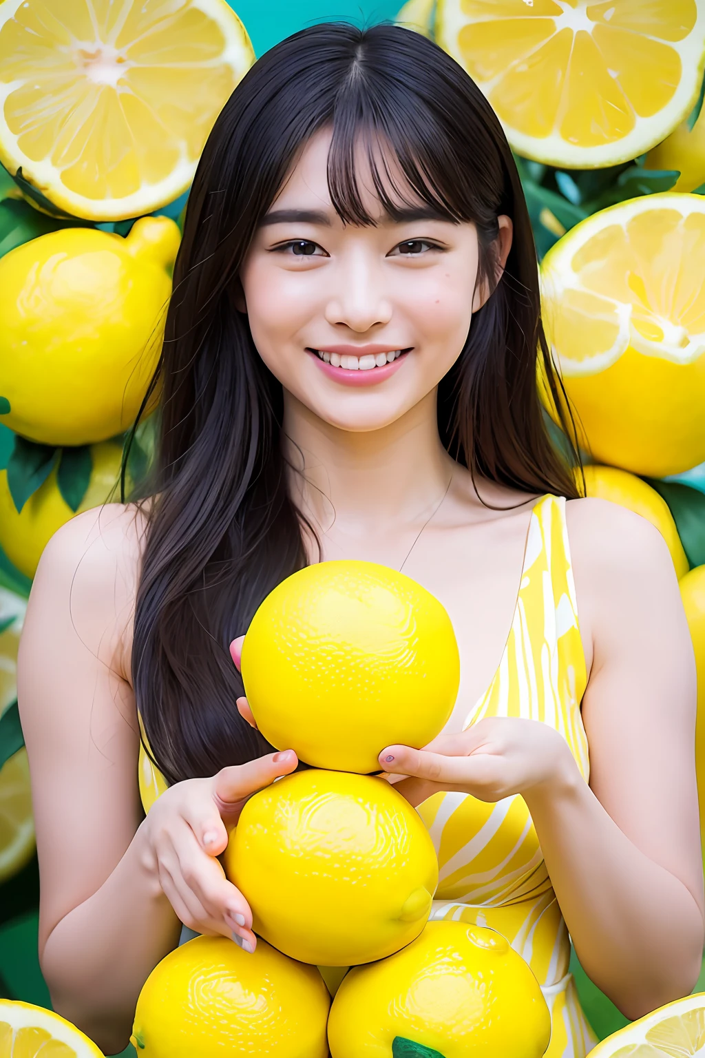 (extra detailed body、extra detailed face、best qualtiy:1.2)、femele、looking at the viewers、(psychedelic、marbling、a smile)、(Lemon on the background:1.4)