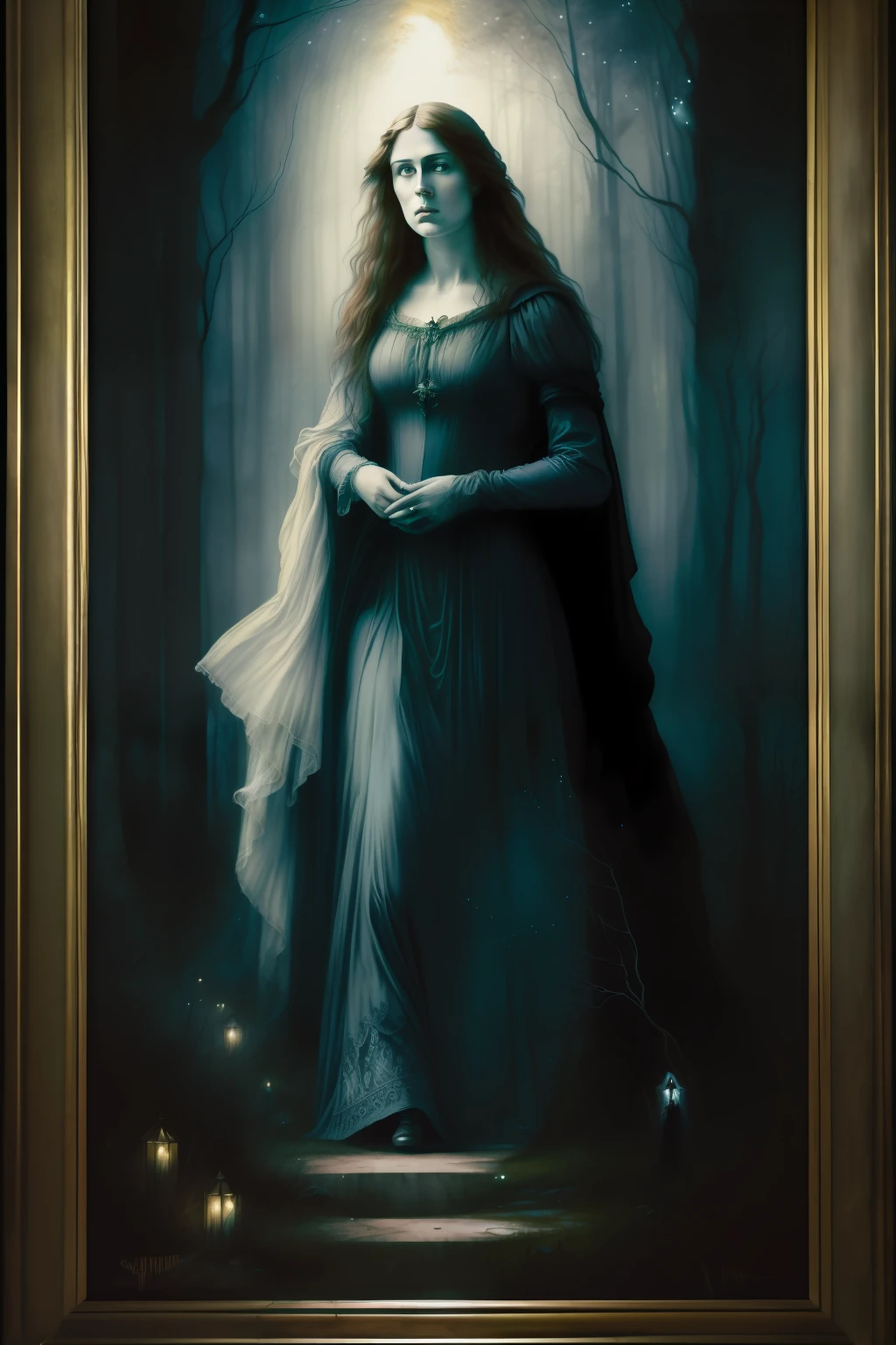 dark veil of the forest. (((Pre-Raphaelite painting of a ghostly woman flees in horror, paisagem celta, espinheiro-branco, na noite de lua)))