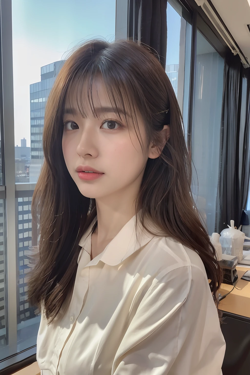 - [ ] photorealistic:1.37, masterpiece, best quality, raw photo, absurdres, uhd, 1girl, wavy hair, brown hair, seductive , looking at viewer, in the large meeting room of the office in the high tower office building in  Tokyo ,Tokyo tower,intricate detail, detailed background, detailed skin, pore, highres, hdr , presentation to ten men , beautiful model, soft light to the face,JP_MODELS,white shirts uniform , midium breasts, a 30 yo woman