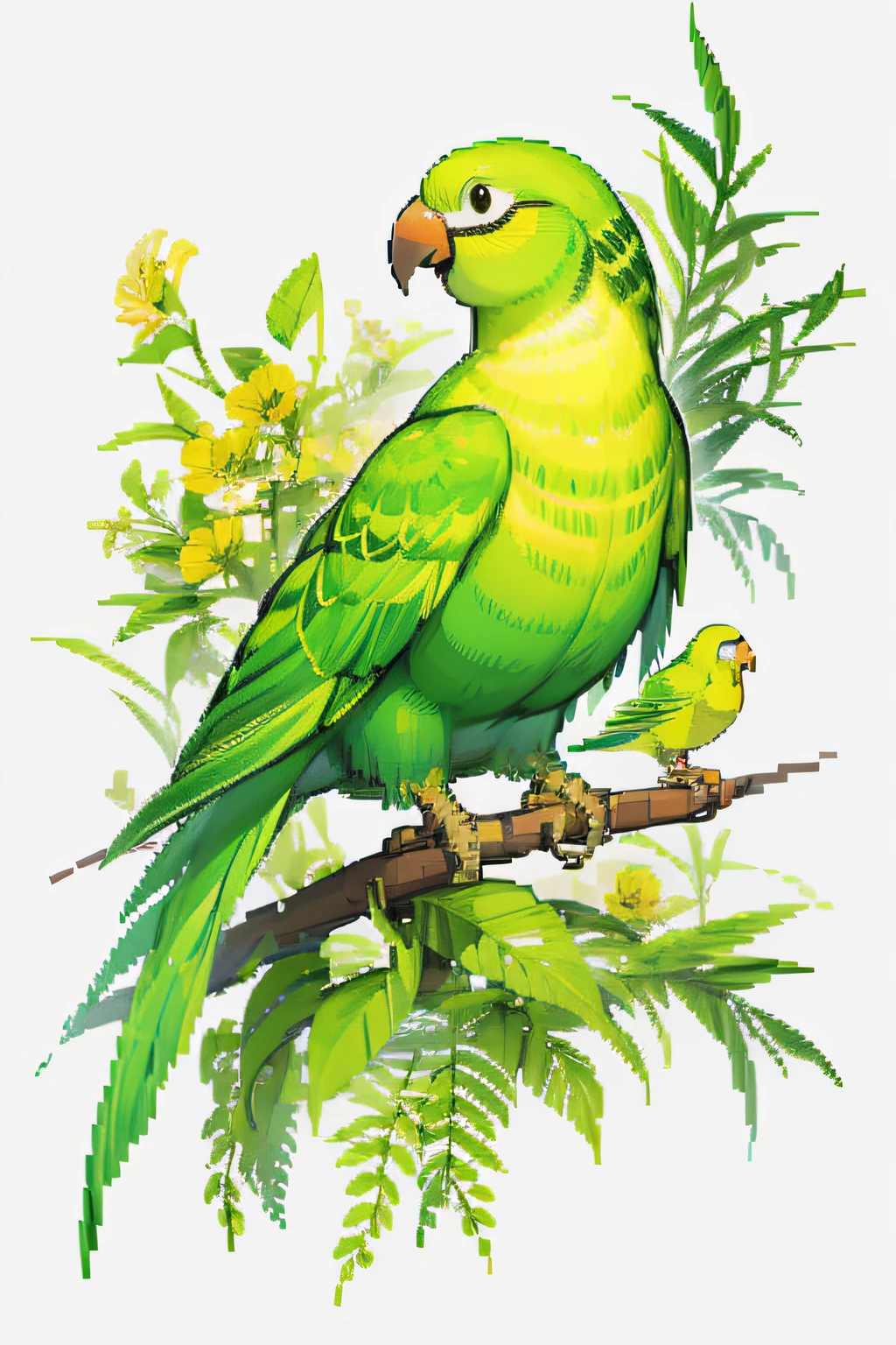 Green and yellow parakeet in adorable pixel art style, showcasing its full body. A masterpiece of pixel art with top quality and the best attention to detail.