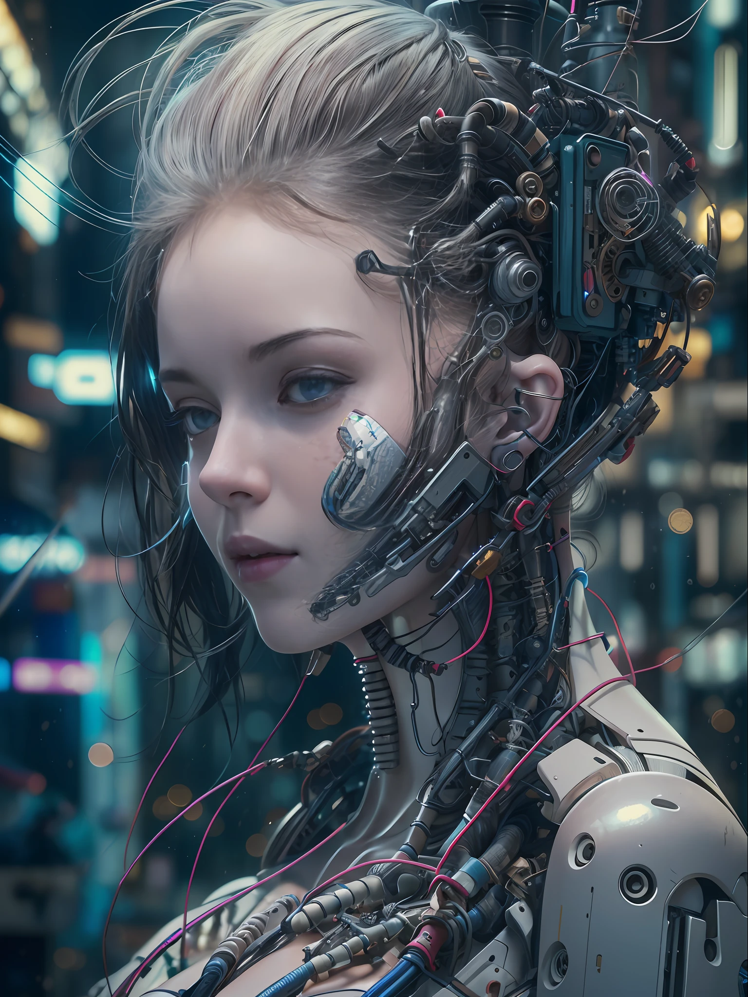 Top Quality, Masterpiece, Ultra High Resolution, ((Photorealistic: 1.4), Raw Photo, 1 cyberpunk android Girl, Glossy Skin, (Ultra Realistic Details)), mechanical limbs, tubes connected to the mechanical parts, mechanical vertebrae attached to the spine, mechanical cervical attachment to the neck, wires and cables connecting to the head, Evangelion, ((Ghost in the Shell)), small glowing LED lamps, global lighting, deep shadows, Octane Rendering, 8K, Ultra Sharp, Metal, Intricate Ornament Details, baroque details, Very intricate details, realistic light, CGSoation trend, facing the camera, neon details, (android manufactory in background), art by H.R. Giger and Alphonse Mucha.