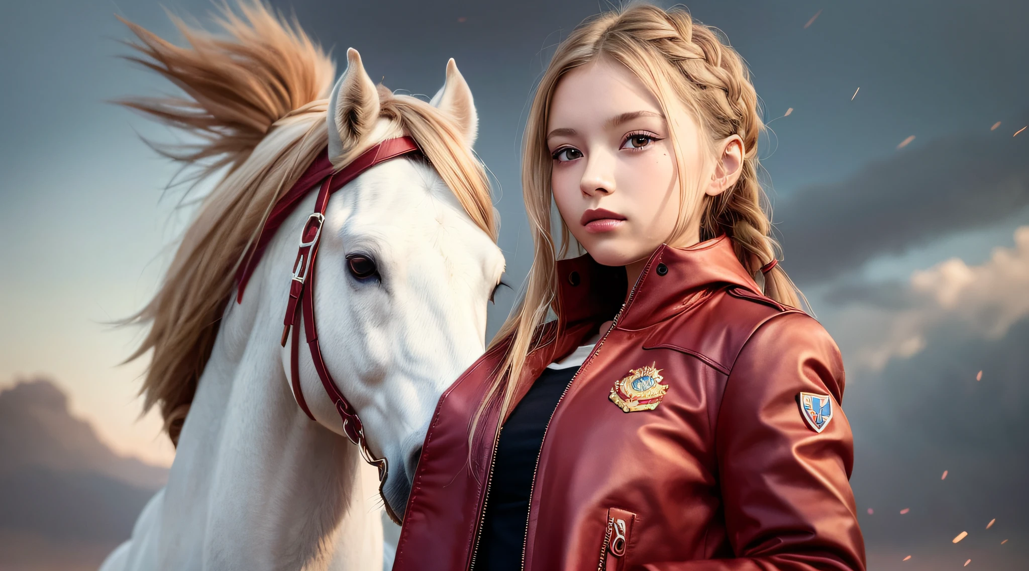 girl CHILD 10 years old, Russian blonde in braids, com roupa de jaqueta de couro vermelha, Tempestade Fundo, Cavalgar na tempestade, vermelho raio.