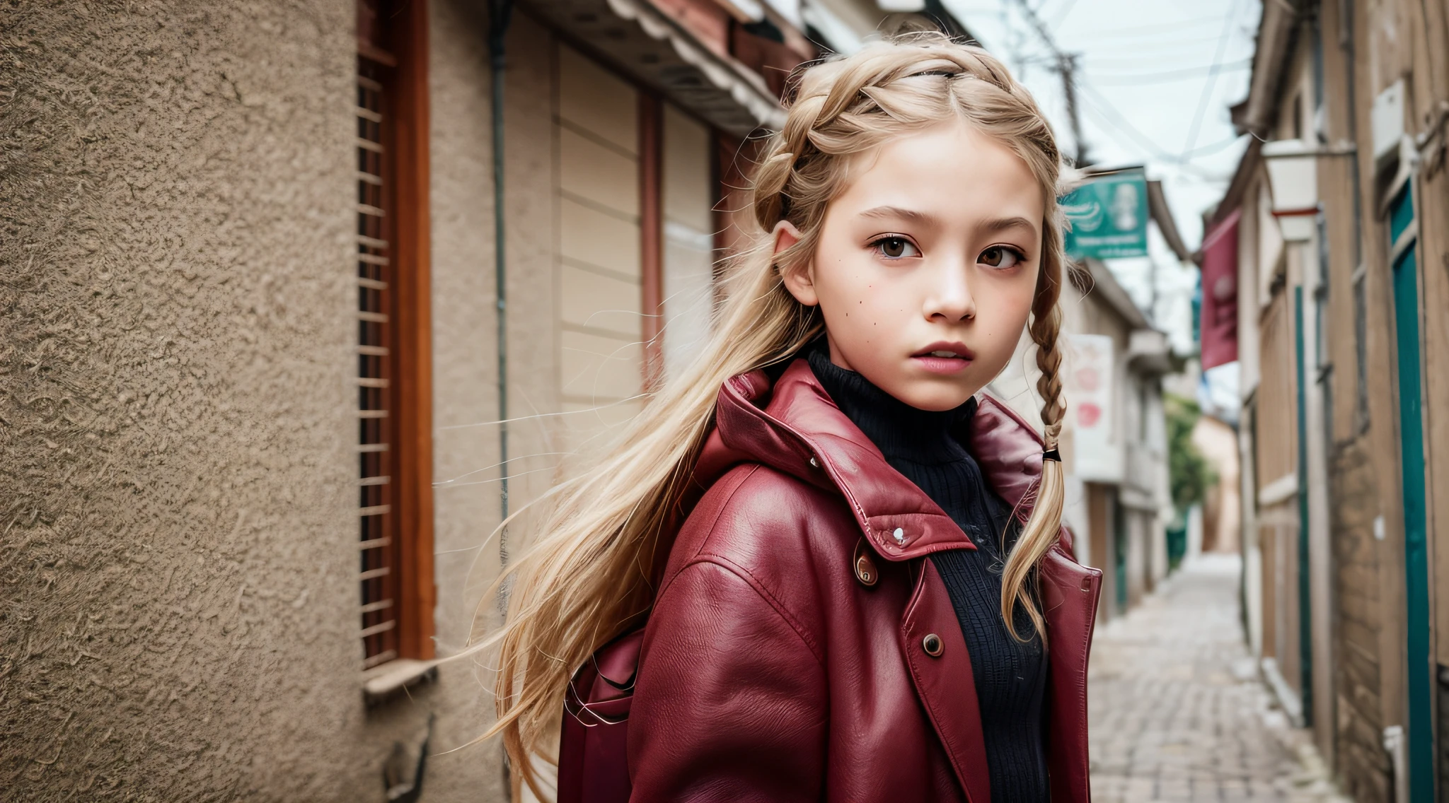 girl CHILD , Russian blonde in braids, com roupa de jaqueta de couro vermelha, Tempestade Fundo, Cavalgar na tempestade, vermelho raio.