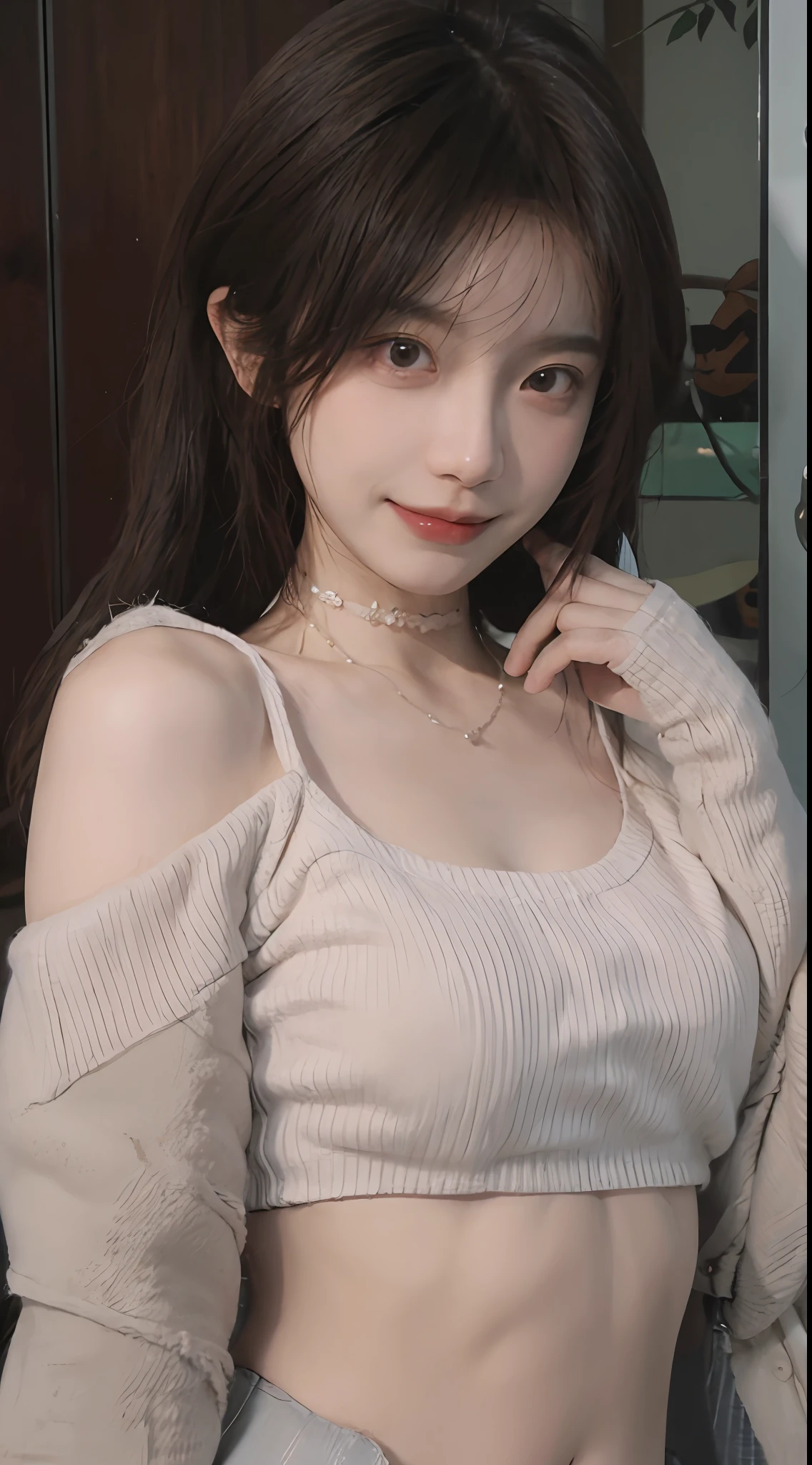 best qualtiy， 超高分辨率， （realisticlying：1.4），cute hairpin，Baoyu Girl，1girll, Beautiful woman with a slim figure:1.4, Abs:1.1, (A brown-haired, mideum breasts:1.3), Long pink sweater:1.1, 浴室,Ultra-fine face，Elaborate Eyes，二重まぶた，ssmile，choker necklace