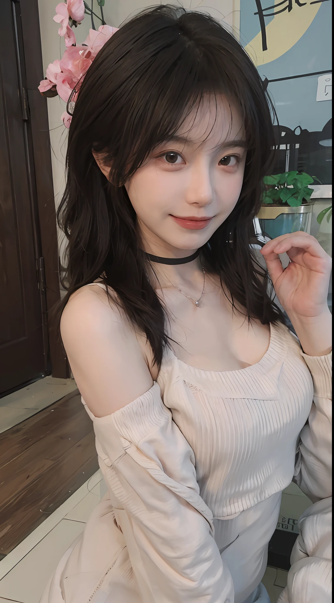 best qualtiy, 超高分辨率, (realisticlying:1.4),cute hairpin,Baoyu Girl,1girll, Beautiful woman with a slim figure:1.4, Abs:1.1, (A brown-haired, mideum breasts:1.3), Long pink sweater:1.1, 浴室,Ultra-fine face,Elaborate Eyes,二重まぶた,ssmile,choker necklace