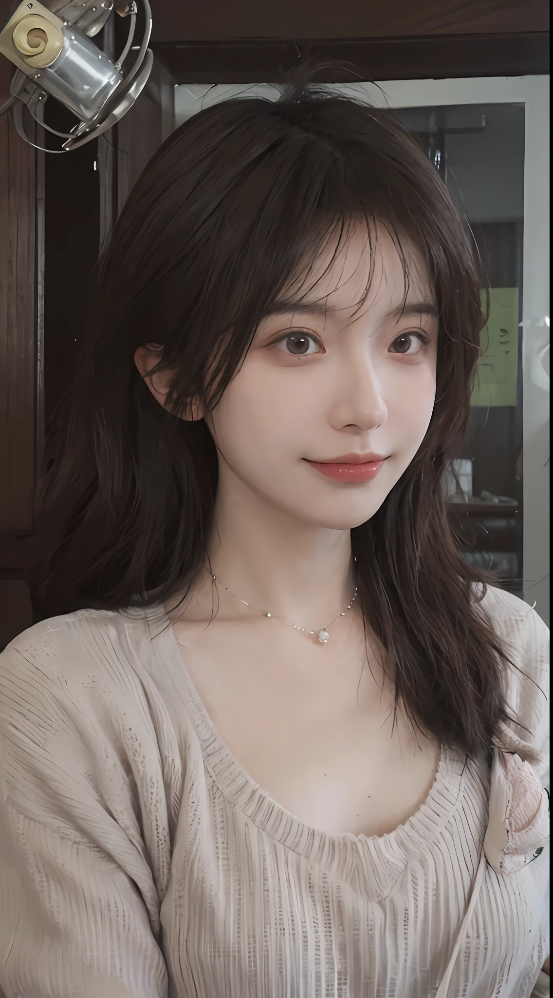 best qualtiy， 超高分辨率， （realisticlying：1.4），cute hairpin，Baoyu Girl，1girll, Beautiful woman with a slim figure:1.4, Abs:1.1, (A brown-haired, mideum breasts:1.3), Long pink sweater:1.1, 浴室,Ultra-fine face，Elaborate Eyes，二重まぶた，ssmile，choker necklace