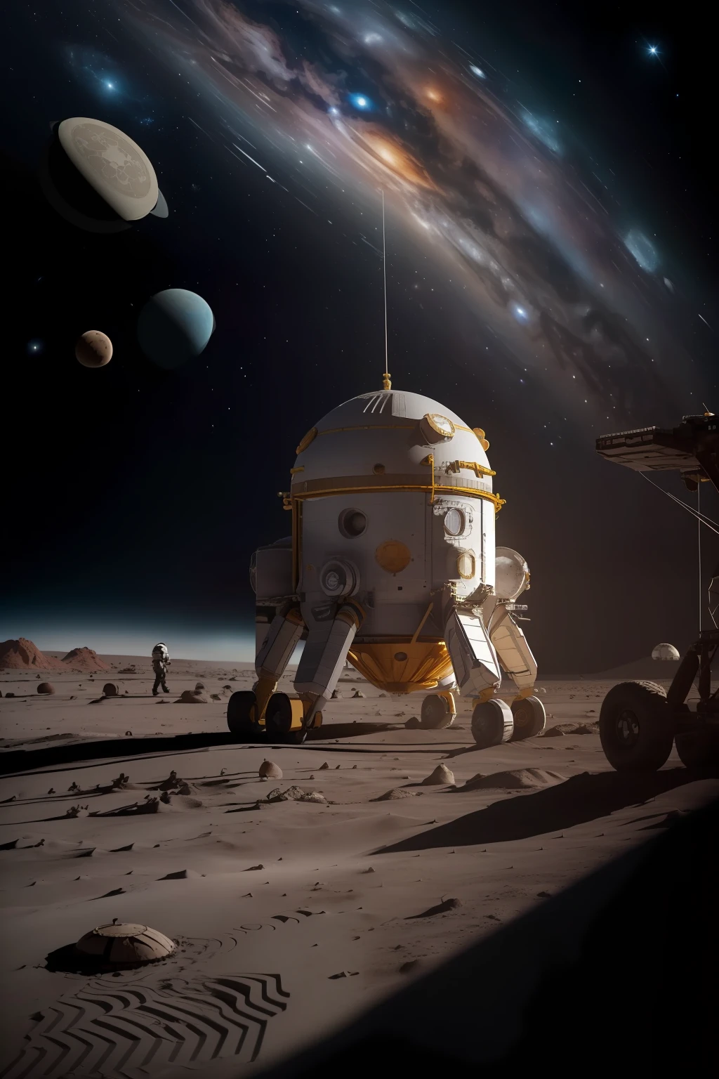 ( androides Boston Robotics con 6 extremidades construyendo una base espacial se en la superficie del planeta Marte ), Cielo negro con estrellas, con algunas naves a la distancia, maquinaria, Some small transport vehicles are driving the distance, La tierra se puede ver en el cielo, one large and one small, En el cielo, (Un astronauta de pie a un lado:1.5), Close Search View, extremadamente detallado, 8k, doomsday punk style, cold colors