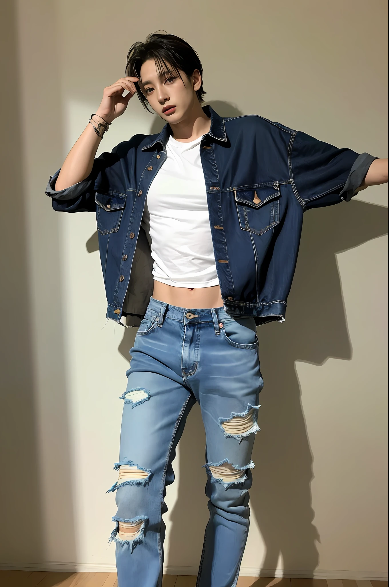 Um garoto coreano , wearing ripped jeans, Torn pants, (Jeans rasgada) (Torn pants), posing for photo shoot , corpo inteiro, fundo liso, jungkook, jungkook taeyang Jimim 1 boy, 1 homem, homem masculino coreano, homem masculino sozinho coreano sozinho, solo, sozinho