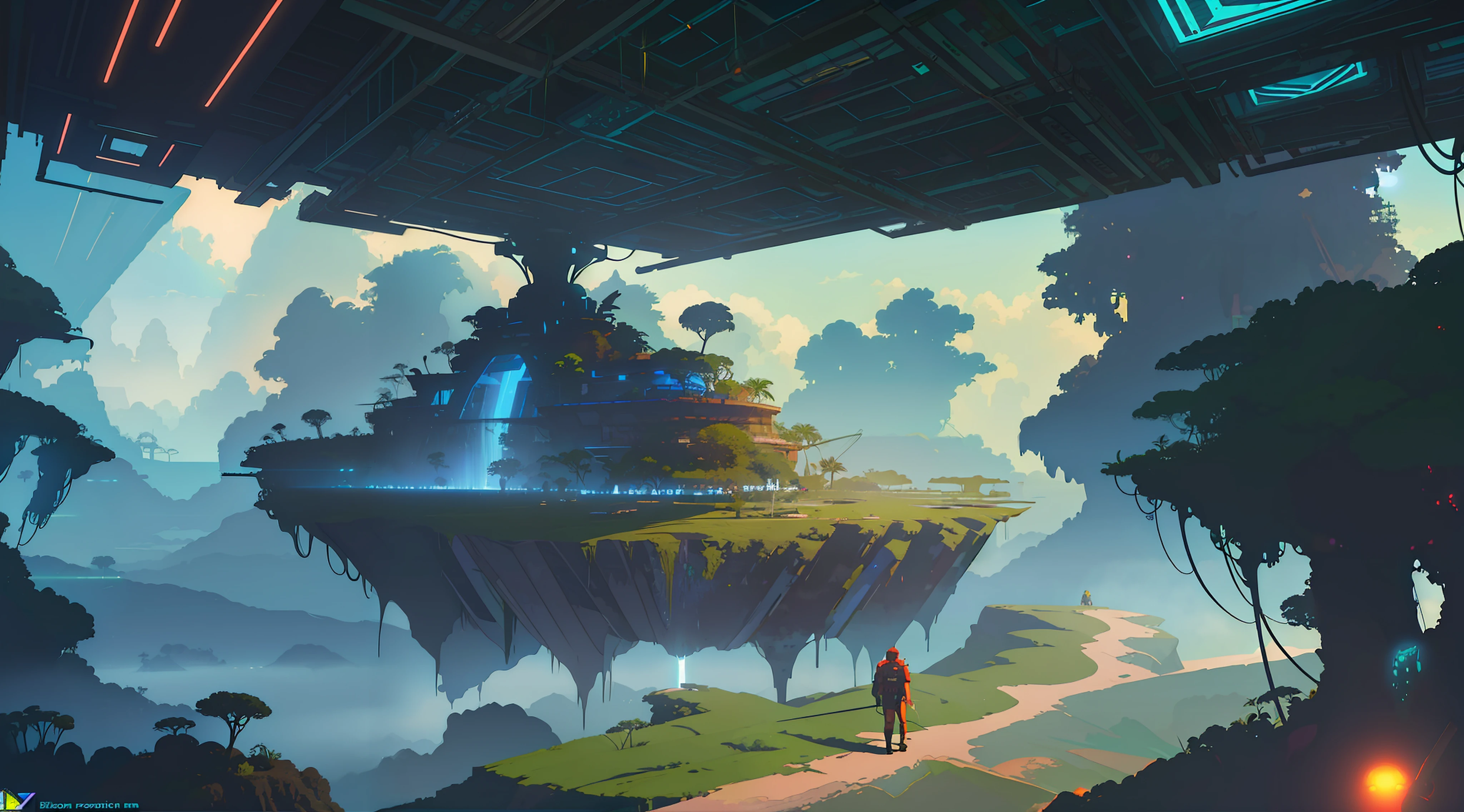 Island with lush vegetation above the clouds,3-point perspective,Concept art inspired by Craig Mullins, cg society contest winner, afro futurism, paul lehr and beeple, craig mullins style, beeple and jean giraud, greg beeple, Craig Mullins Necro, Craig Mullins Greg Lutkowski, Mark Simonetti's Art Style