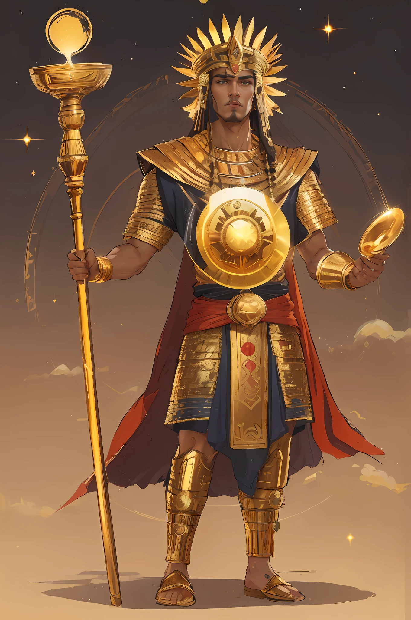 a cartoon of a man in a golden outfit holding a golden ball, the egyptian god, egypt god, egyptian god, storm egyptian god, the god emperor of mankind, wind egyptian god, concept art of god, ancient mystic time lord, a massive celestial giant god, gold heavy armor. dramatic, ancient god, thoth, god emperor of dune, gold armour