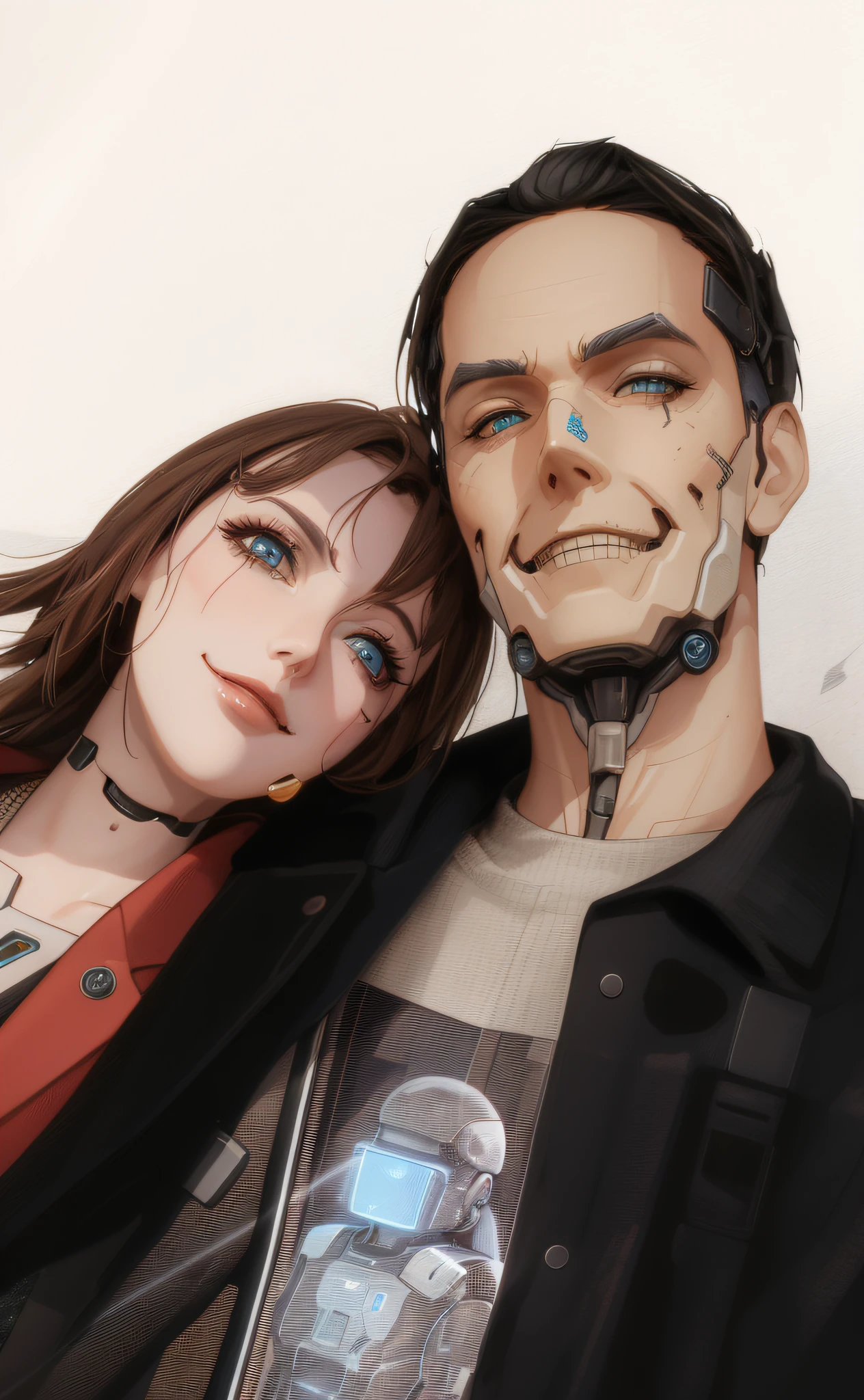 a man and a woman with a cybernetic body, robots, futuristic backdrop , Buildings, Estilo cyberpunk, Stempunk, realista, detalhado 8k