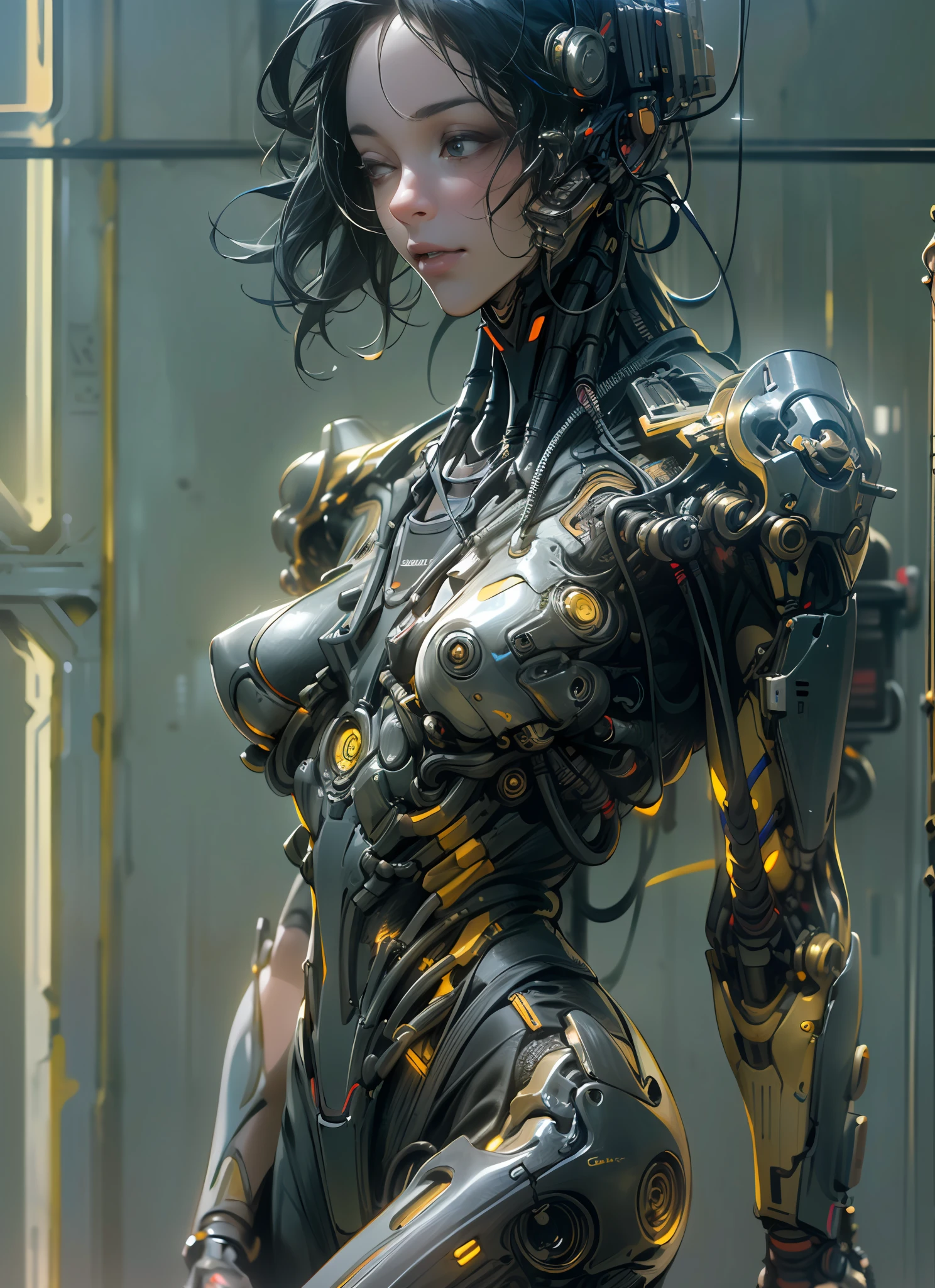 Top Quality, Masterpiece, Ultra High Resolution, ((Photorealistic: 1.4), Raw Photo, 1 cyberpunk android Girl, Glossy Skin, (Ultra Realistic Details)), mechanical limbs, tubes connected to the mechanical parts, mechanical vertebrae attached to the spine, mechanical cervical attachment to the neck, wires and cables connecting to the head, Evangelion, ((Ghost in the Shell)), small glowing LED lamps, global lighting, deep shadows, Octane Rendering, 8K, Ultra Sharp, Metal, Intricate Ornament Details, baroque details, Very intricate details, realistic light, CGSoation trend, facing the camera, neon details, (android manufactory in background), art by H.R. Giger and Alphonse Mucha.