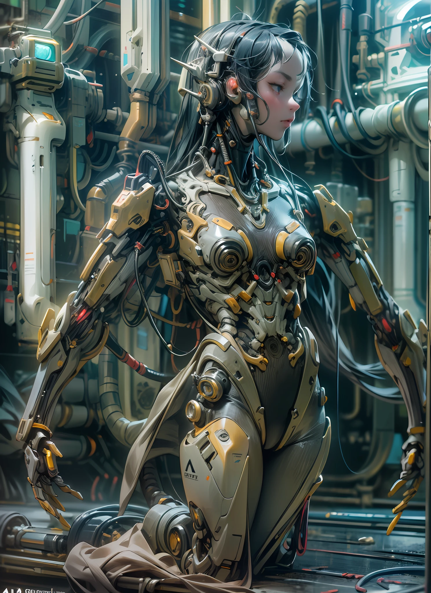 Top Quality, Masterpiece, Ultra High Resolution, ((Photorealistic: 1.4), Raw Photo, 1 cyberpunk android Girl, Glossy Skin, (Ultra Realistic Details)), mechanical limbs, tubes connected to the mechanical parts, mechanical vertebrae attached to the spine, mechanical cervical attachment to the neck, wires and cables connecting to the head, Evangelion, ((Ghost in the Shell)), small glowing LED lamps, global lighting, deep shadows, Octane Rendering, 8K, Ultra Sharp, Metal, Intricate Ornament Details, baroque details, Very intricate details, realistic light, CGSoation trend, facing the camera, neon details, (android manufactory in background), art by H.R. Giger and Alphonse Mucha.