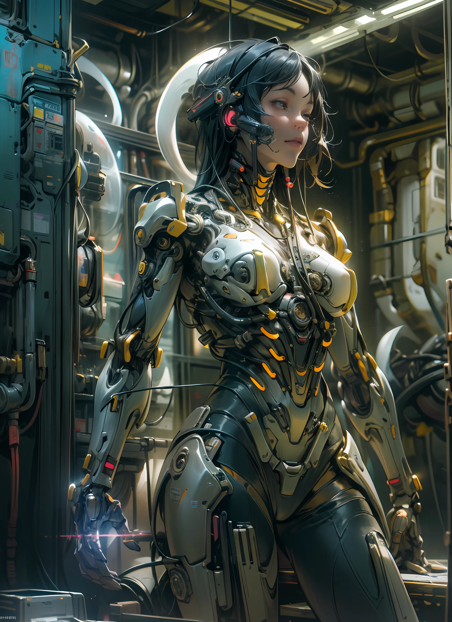 Top Quality, Masterpiece, Ultra High Resolution, ((Photorealistic: 1.4), Raw Photo, 1 cyberpunk android Girl, Glossy Skin, (Ultra Realistic Details)), mechanical limbs, tubes connected to the mechanical parts, mechanical vertebrae attached to the spine, mechanical cervical attachment to the neck, wires and cables connecting to the head, Evangelion, ((Ghost in the Shell)), small glowing LED lamps, global lighting, deep shadows, Octane Rendering, 8K, Ultra Sharp, Metal, Intricate Ornament Details, baroque details, Very intricate details, realistic light, CGSoation trend, facing the camera, neon details, (android manufactory in background), art by H.R. Giger and Alphonse Mucha.