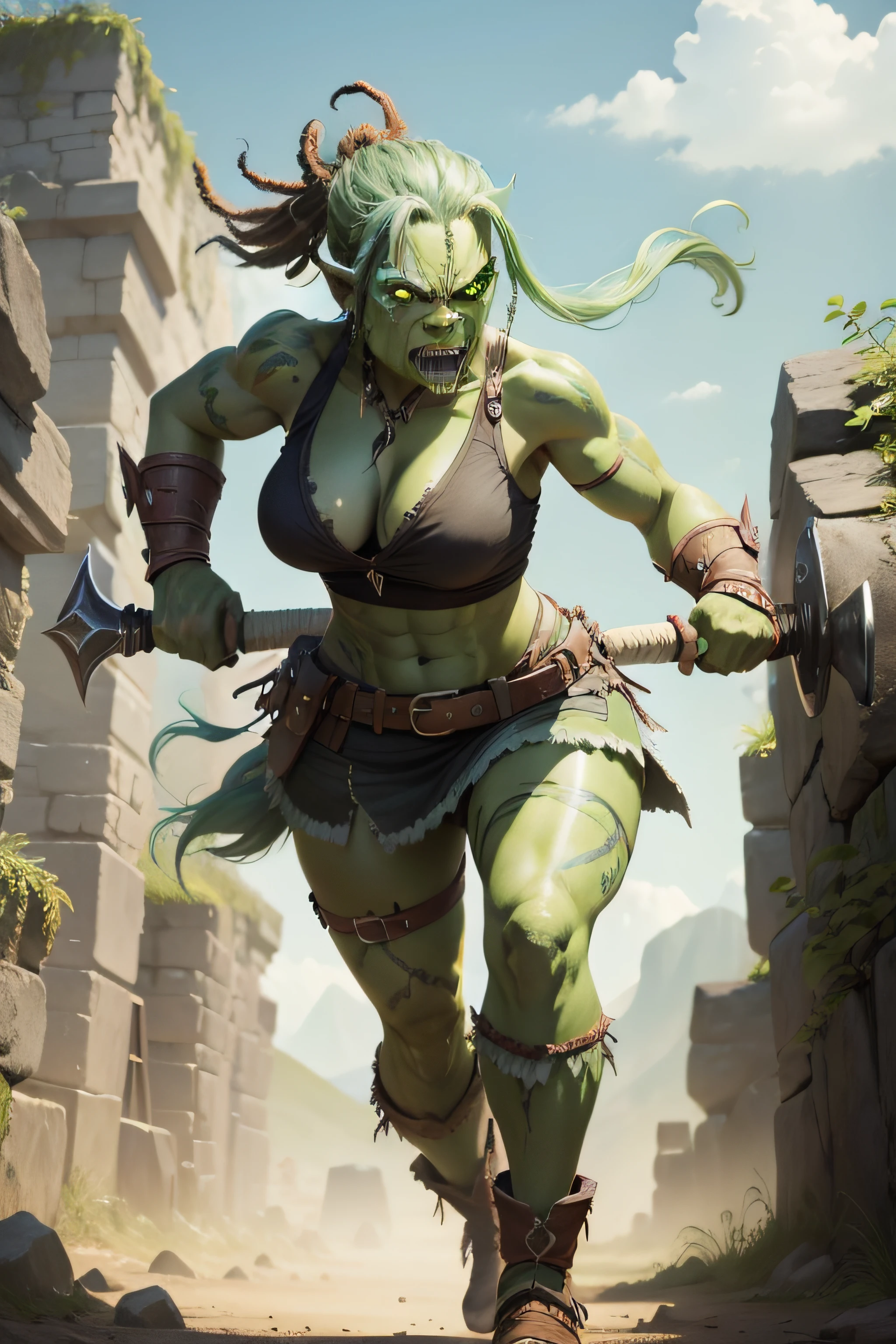 A determined female green orc mercenary strides forward, her axe and sword held ready for battle. dreadlocks