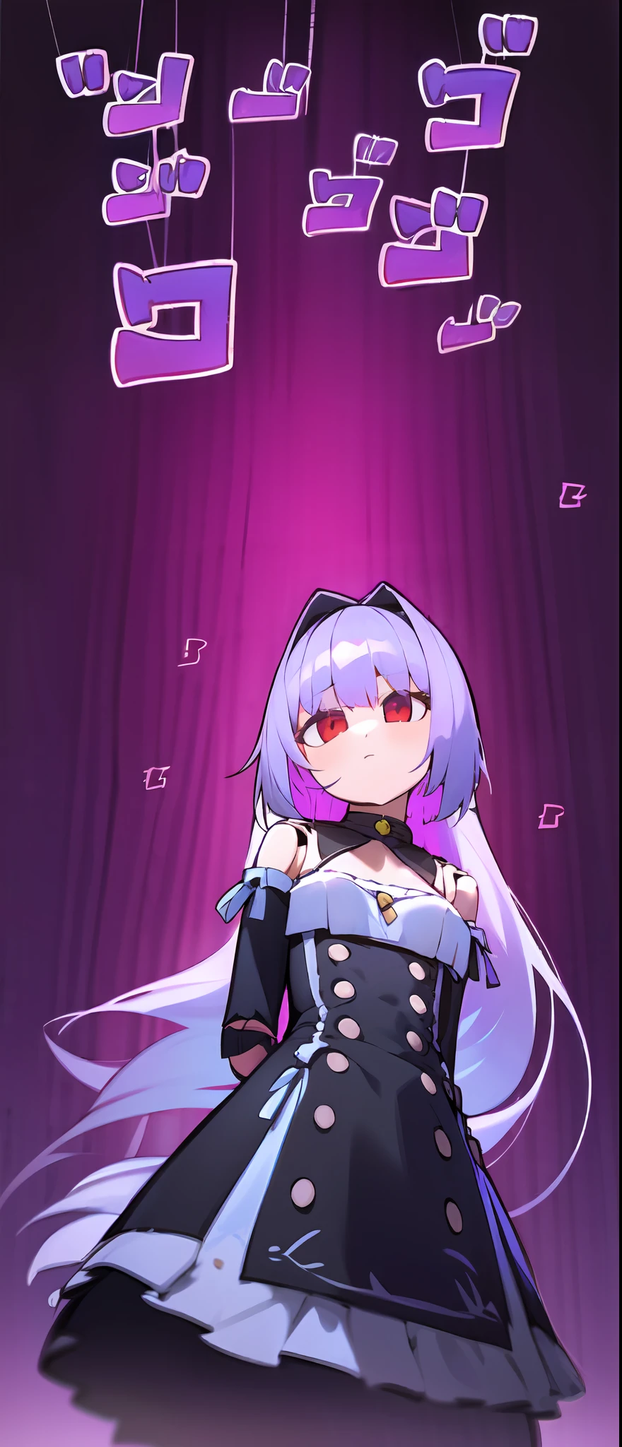 masterpiece, illustration, best quality, menacingjojo, cg, wallpaper, ++, 1girl, solo, light purple hair, long hair, french braid, single sidelock, red eyes, multicolored eyes, small breasts, flat chest, , victorian dress, embellished dress, black dress, corset, neckwear, off-shoulder dress, frills, doll, doll joints, ++, dynamic pose, leaning to the side, pointing at viewer, from below, looking down, looking at viewer, arms behind back, text, upper body, portrait, cold, neutral