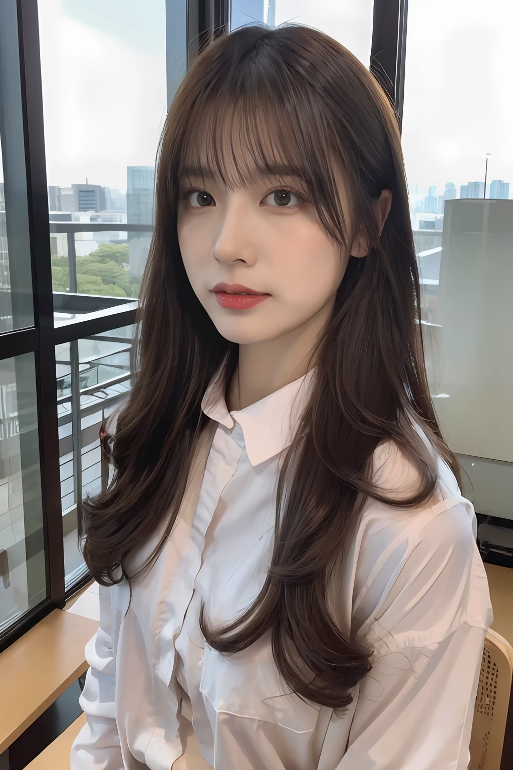 - [ ] photorealistic:1.37, masterpiece, best quality, raw photo, absurdres, uhd, 1girl, wavy hair, brown hair, seductive , looking at viewer, in the large meeting room of the office in the high tower office building in  Tokyo ,Tokyo tower,intricate detail, detailed background, detailed skin, pore, highres, hdr , presentation to ten men , beautiful model, soft light to the face,JP_MODELS,white shirts uniform , midium breasts, a 30 yo woman