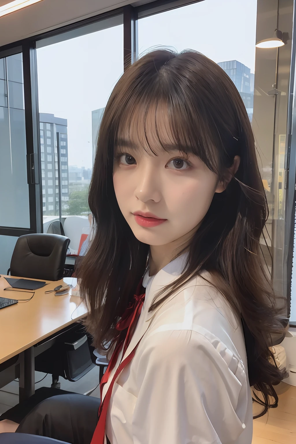 - [ ] photorealistic:1.37, masterpiece, best quality, raw photo, absurdres, uhd, 1girl, wavy hair, brown hair, seductive , looking at viewer, in the large meeting room of the office in the high tower office building in  Tokyo ,Tokyo tower,intricate detail, detailed background, detailed skin, pore, highres, hdr , presentation to ten men , beautiful model, soft light to the face,JP_MODELS,white shirts uniform , midium breasts, a 30 yo woman