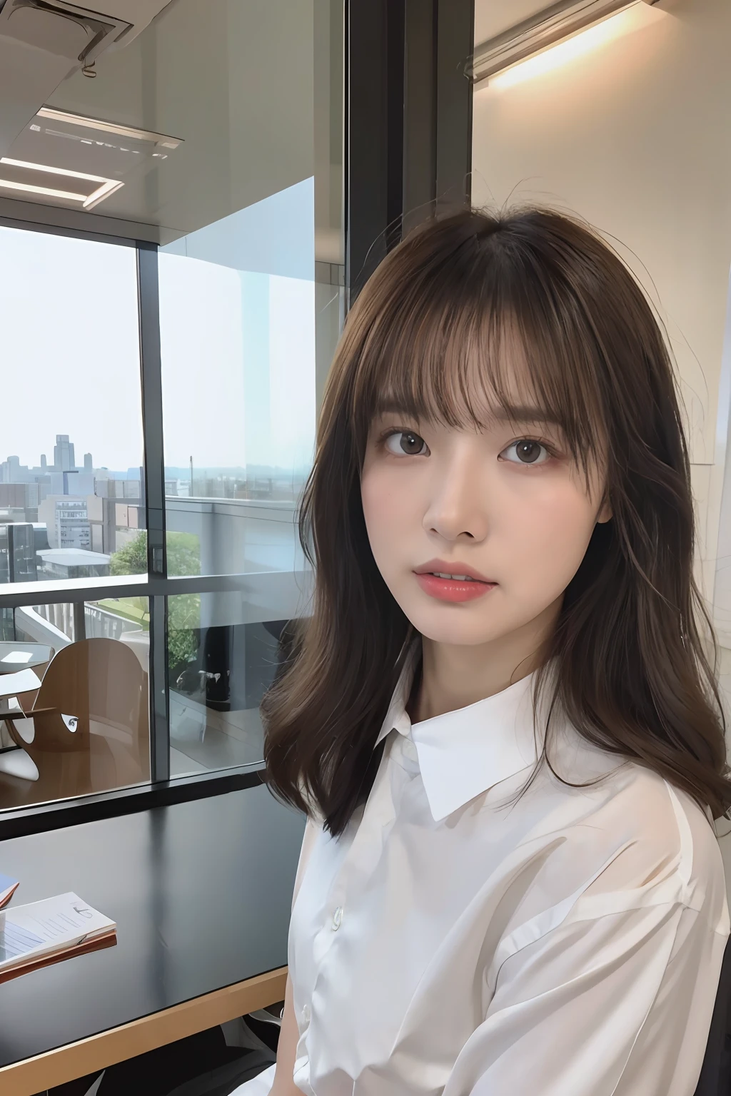 - [ ] photorealistic:1.37, masterpiece, best quality, raw photo, absurdres, uhd, 1girl, wavy hair, brown hair, seductive , looking at viewer, in the large meeting room of the office in the high tower office building in  Tokyo ,Tokyo tower,intricate detail, detailed background, detailed skin, pore, highres, hdr , presentation to ten men , beautiful model, soft light to the face,JP_MODELS,white shirts uniform , midium breasts, a 30 yo woman