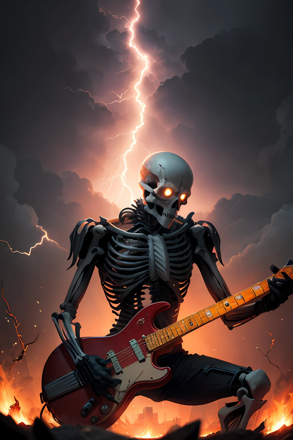 a Skeleton, play flaming guitar, tornado and lightning background