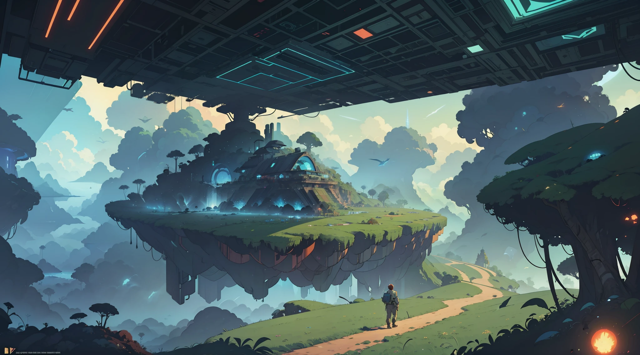 Island with lush vegetation above the clouds,3-point perspective,Concept art inspired by Craig Mullins, cg society contest winner, afro futurism, paul lehr and beeple, craig mullins style, beeple and jean giraud, greg beeple, Craig Mullins Necro, Craig Mullins Greg Lutkowski, Mark Simonetti's Art Style