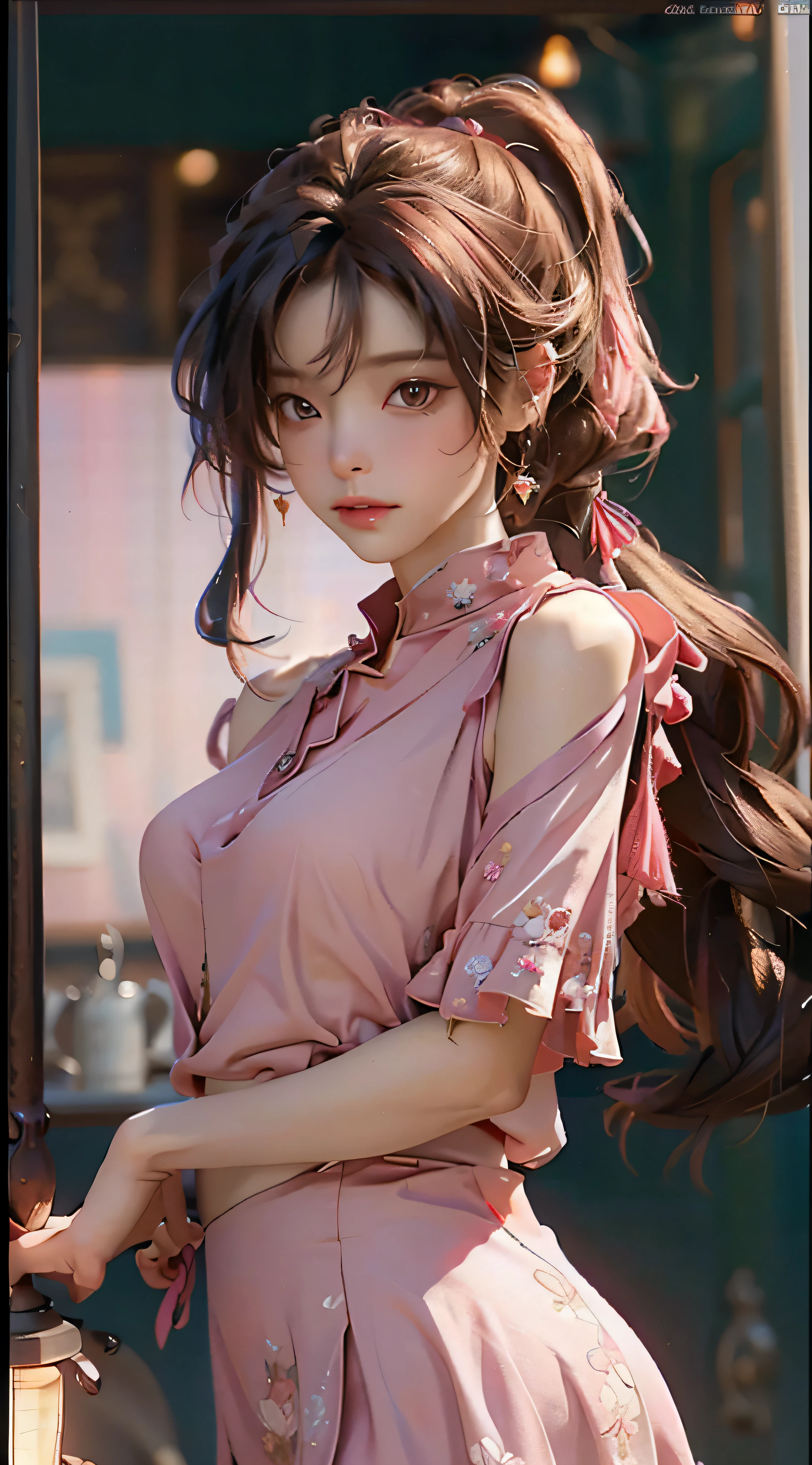 Best quality, masterpiece, super high resolution, (fidelity: 1.4), original photo, 1girl, mature, pink top, cinematic lighting
