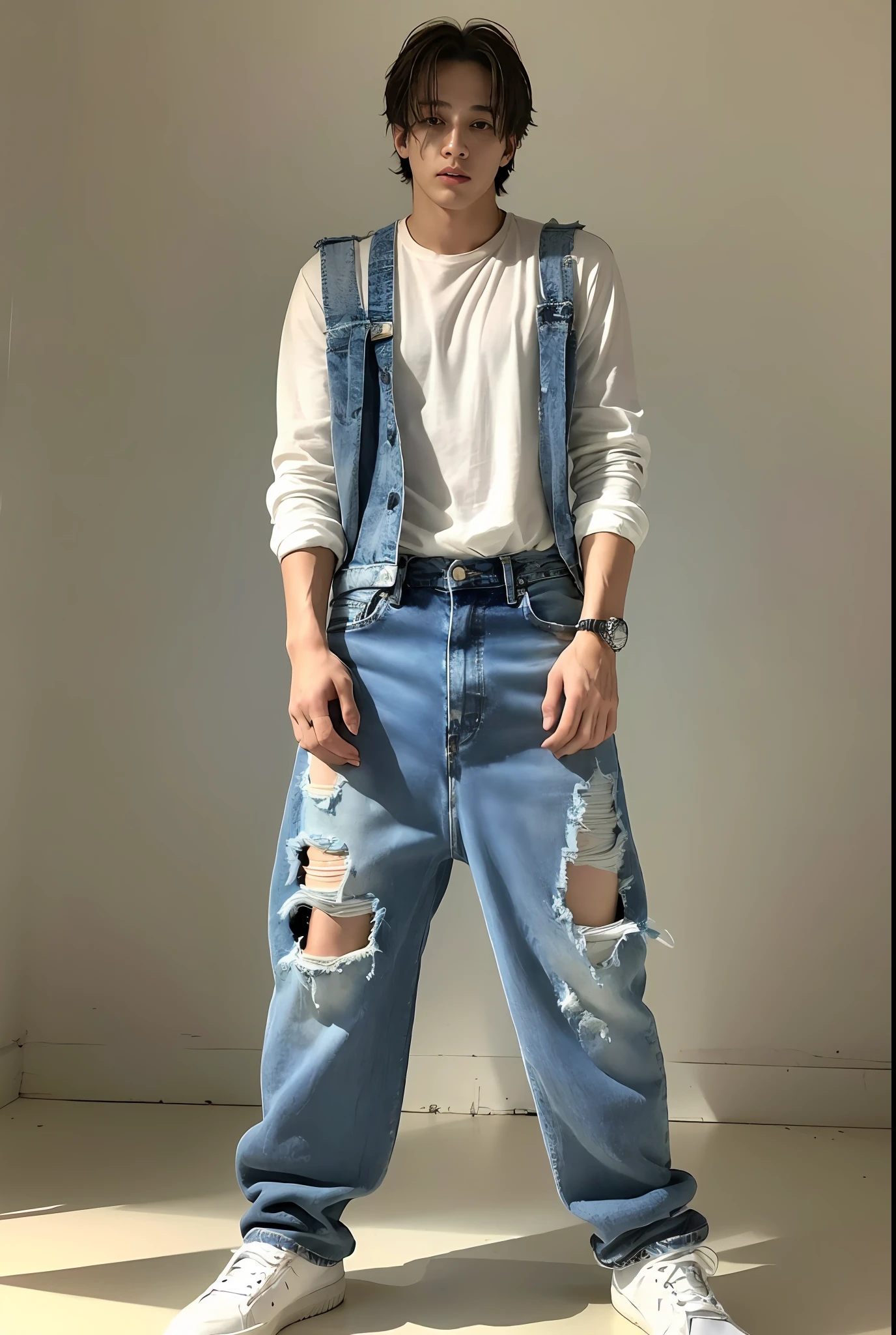 Um garoto coreano , wearing ripped jeans, Torn pants, (Jeans rasgada) (Torn pants), posing for photo shoot , corpo inteiro, fundo liso, jungkook, jungkook taeyang Jimim 1 boy, 1 homem, homem masculino coreano, homem masculino sozinho coreano sozinho, solo, sozinho, (alone) (sozinho) alone, sozinho sozinho sozinho sozinho SOZINHO SOZINHO SOZINHO SOZINHO