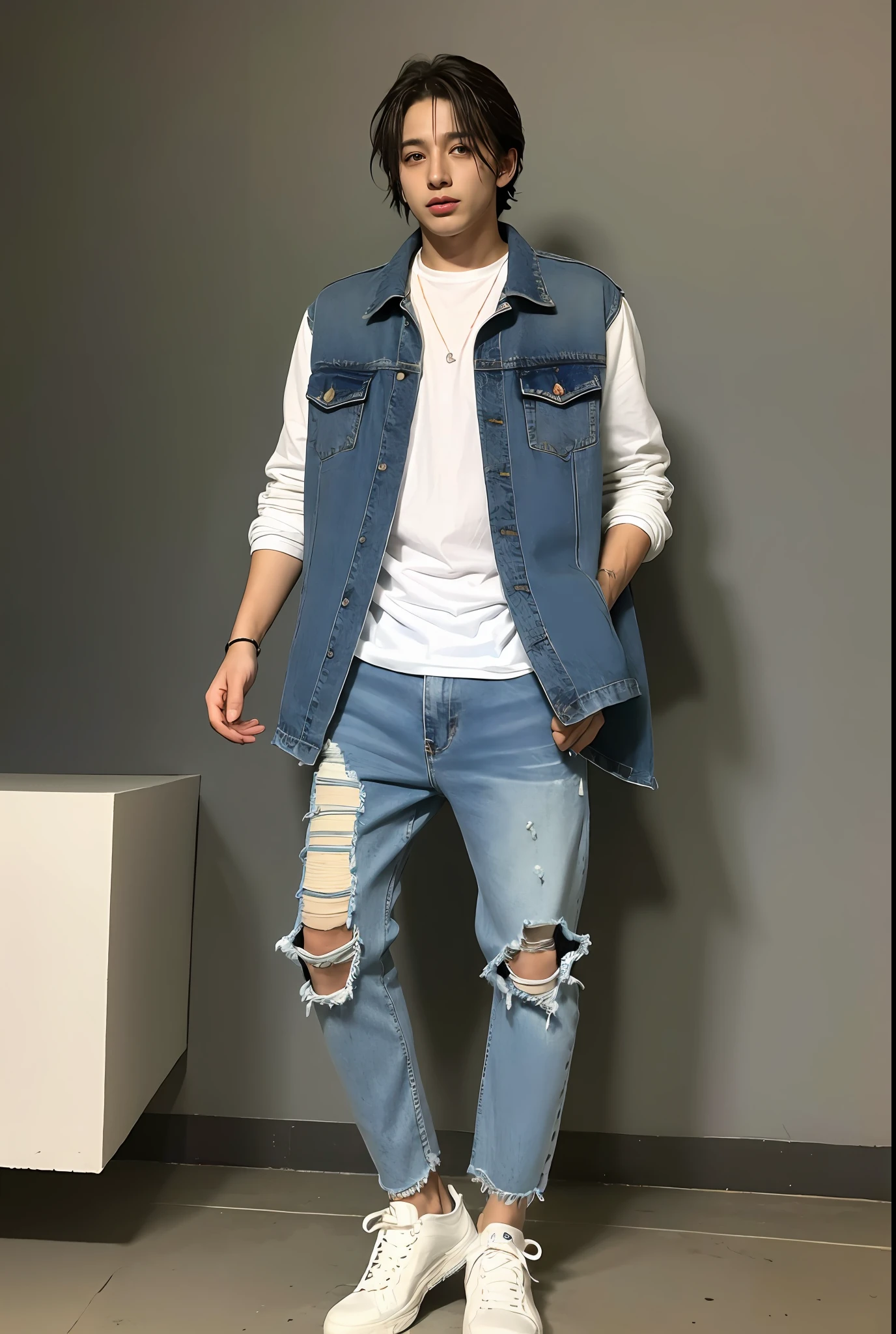 Um garoto coreano , wearing ripped jeans, Torn pants, (Jeans rasgada) (Torn pants), posing for photo shoot , corpo inteiro, fundo liso, jungkook, jungkook taeyang Jimim 1 boy, 1 homem, homem masculino coreano, homem masculino sozinho coreano sozinho, solo, sozinho, (alone) (sozinho) alone, sozinho sozinho sozinho sozinho SOZINHO SOZINHO SOZINHO SOZINHO