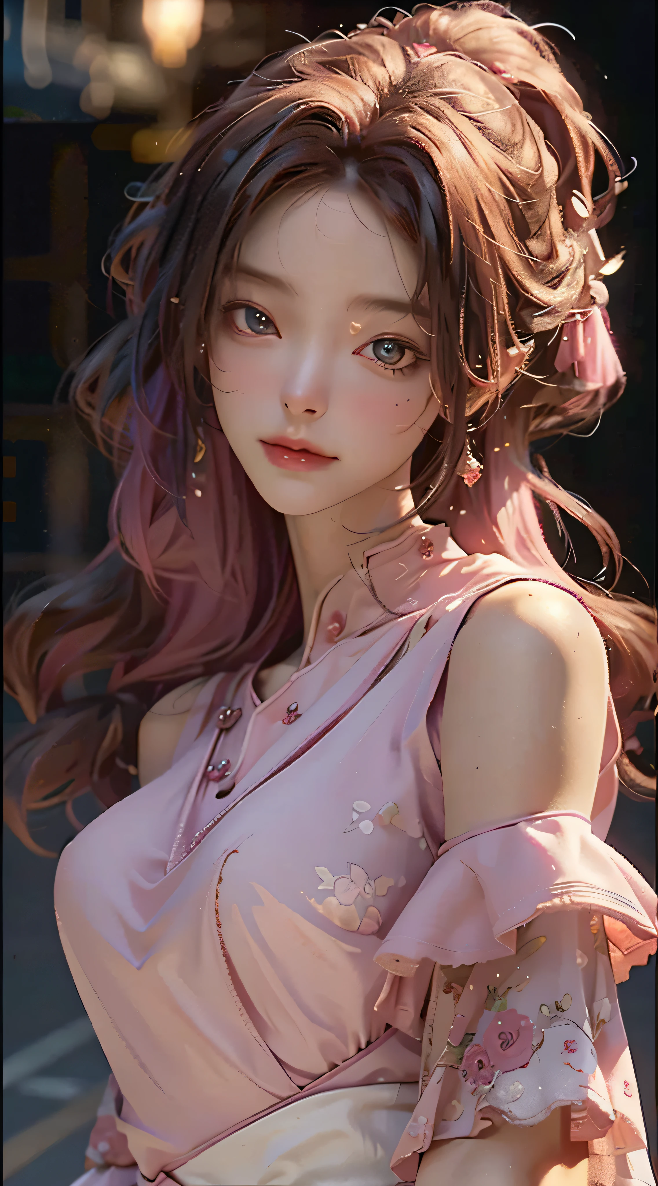 Best quality, masterpiece, super high resolution, (fidelity: 1.4), original photo, 1girl, mature, pink top, cinematic lighting