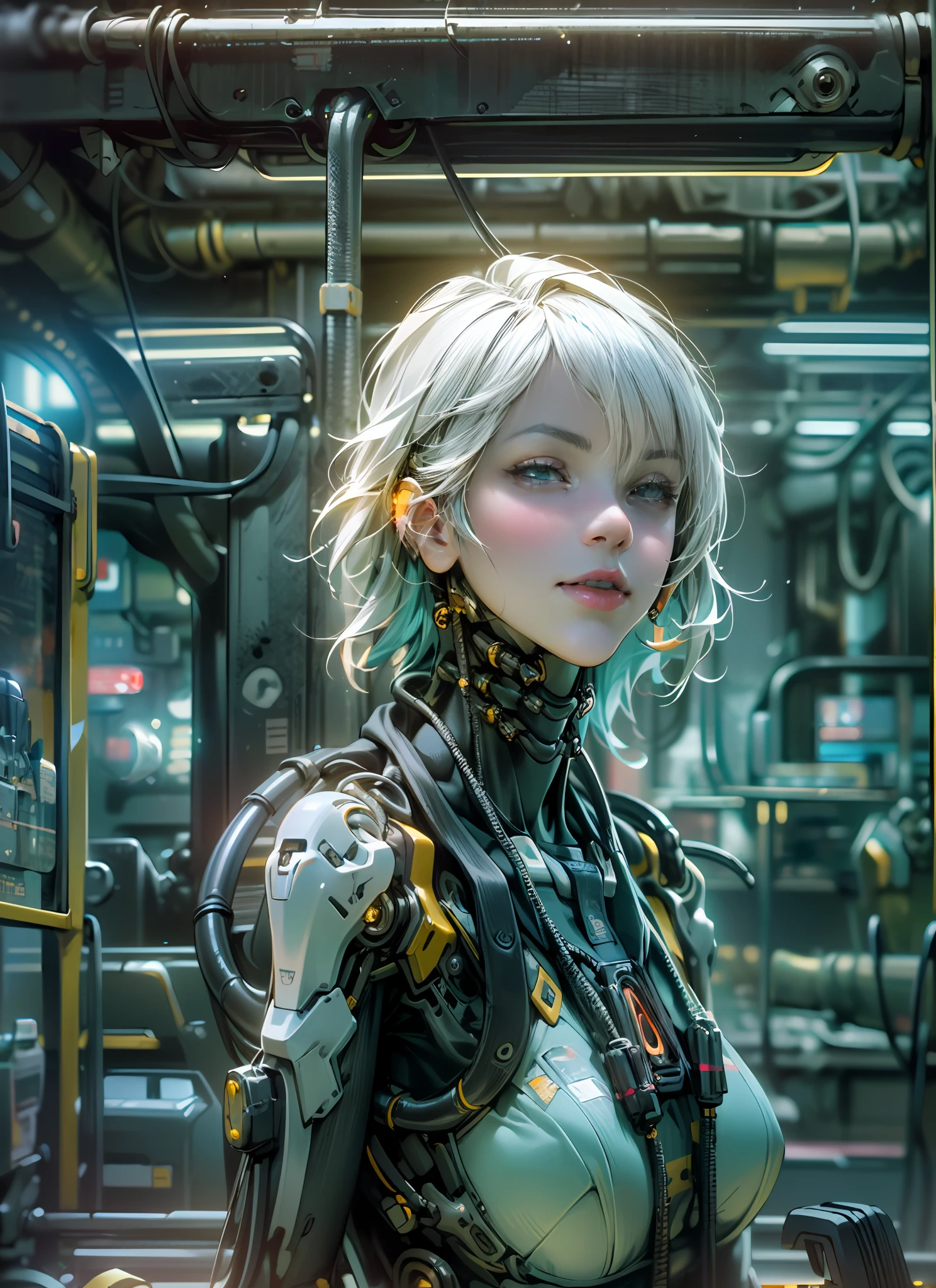 Top Quality, Masterpiece, Ultra High Resolution, ((Photorealistic: 1.4), Raw Photo, 1 cyberpunk android Girl, Glossy Skin, (Ultra Realistic Details)), mechanical limbs, tubes connected to the mechanical parts, mechanical vertebrae attached to the spine, mechanical cervical attachment to the neck, wires and cables connecting to the head, Evangelion, ((Ghost in the Shell)), small glowing LED lamps, global lighting, deep shadows, Octane Rendering, 8K, Ultra Sharp, Metal, Intricate Ornament Details, baroque details, Very intricate details, realistic light, CGSoation trend, facing the camera, neon details, (android manufactory in background), art by H.R. Giger and Alphonse Mucha.