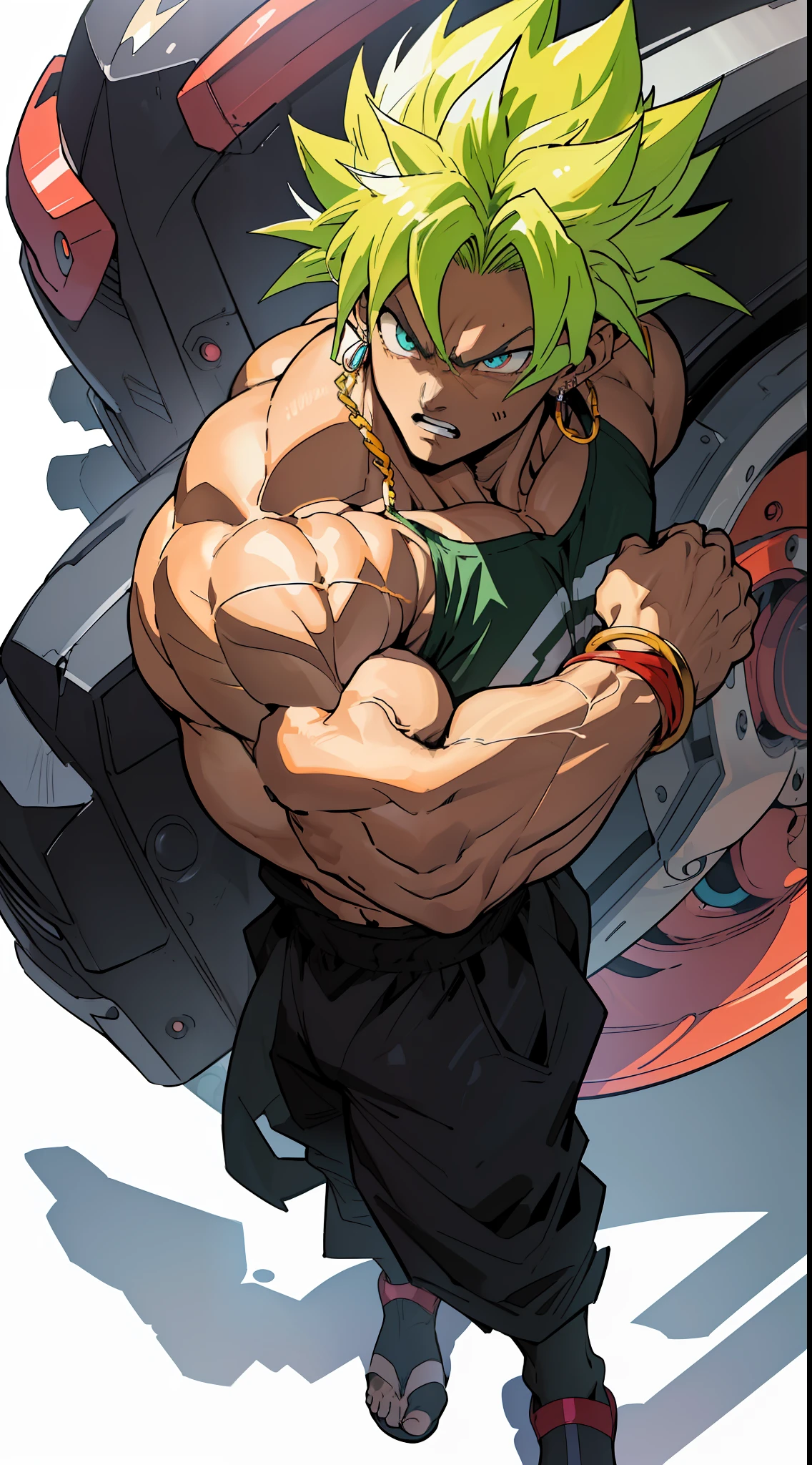 (anime) . ((Broly)), full body, in the space . (Masterpiece: 1.8), (64k quality), (final fantasy artwork concept), detailed (manga eyes + hair + clothes + body + face + colors + shoulders + eyes (globular + transparent + liquid) + (sharper drawings) + (shiny jewelry) + (clothes folds) + (rounded eyes) + (consistent clothes) + (clothing features) + (eyes line), better (colorful + (coarser line) + (black line) + finishing . [Drawing] (Anime (Manga (Comics))) + (Coarse Line: 1.8) + (Black Line: 1.8) + (Color: 1.8) + (Clean: 1.8) + (Contrast: 1.8) + (Black Outline: 1.8) + (adjusted colors: 1.8) + (shadow set: 1.8) + (manga eyes: 1.8) + ((muscle: 1.8)) + ((bodybuilder: 1.8)), ((made homogeneous: 1.3))