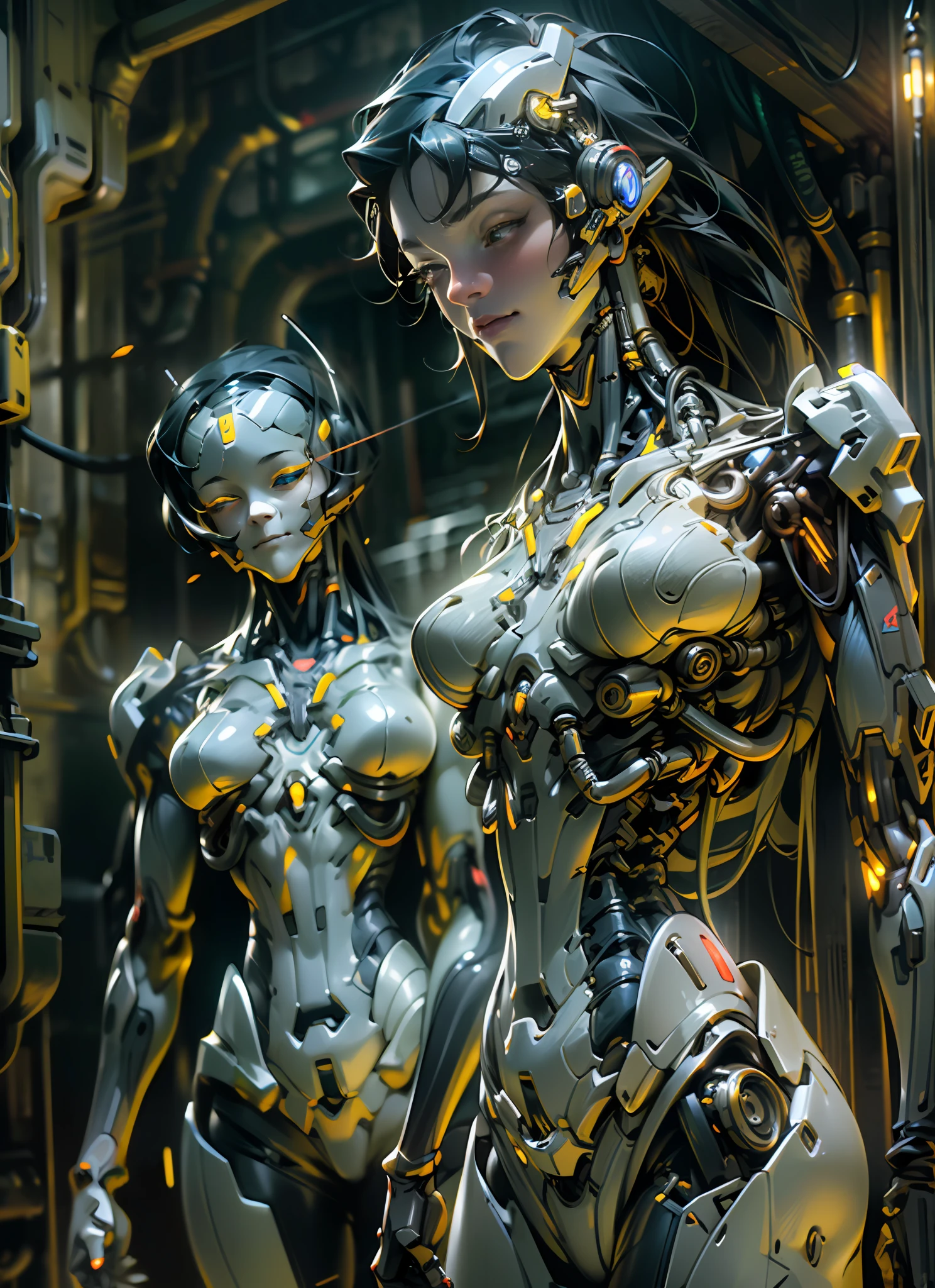 Top Quality, Masterpiece, Ultra High Resolution, ((Photorealistic: 1.4), Raw Photo, 1 cyberpunk android Girl, Glossy Skin, (Ultra Realistic Details)), mechanical limbs, tubes connected to the mechanical parts, mechanical vertebrae attached to the spine, mechanical cervical attachment to the neck, wires and cables connecting to the head, Evangelion, ((Ghost in the Shell)), small glowing LED lamps, global lighting, deep shadows, Octane Rendering, 8K, Ultra Sharp, Metal, Intricate Ornament Details, baroque details, Very intricate details, realistic light, CGSoation trend, facing the camera, neon details, (android manufactory in background), art by H.R. Giger and Alphonse Mucha.