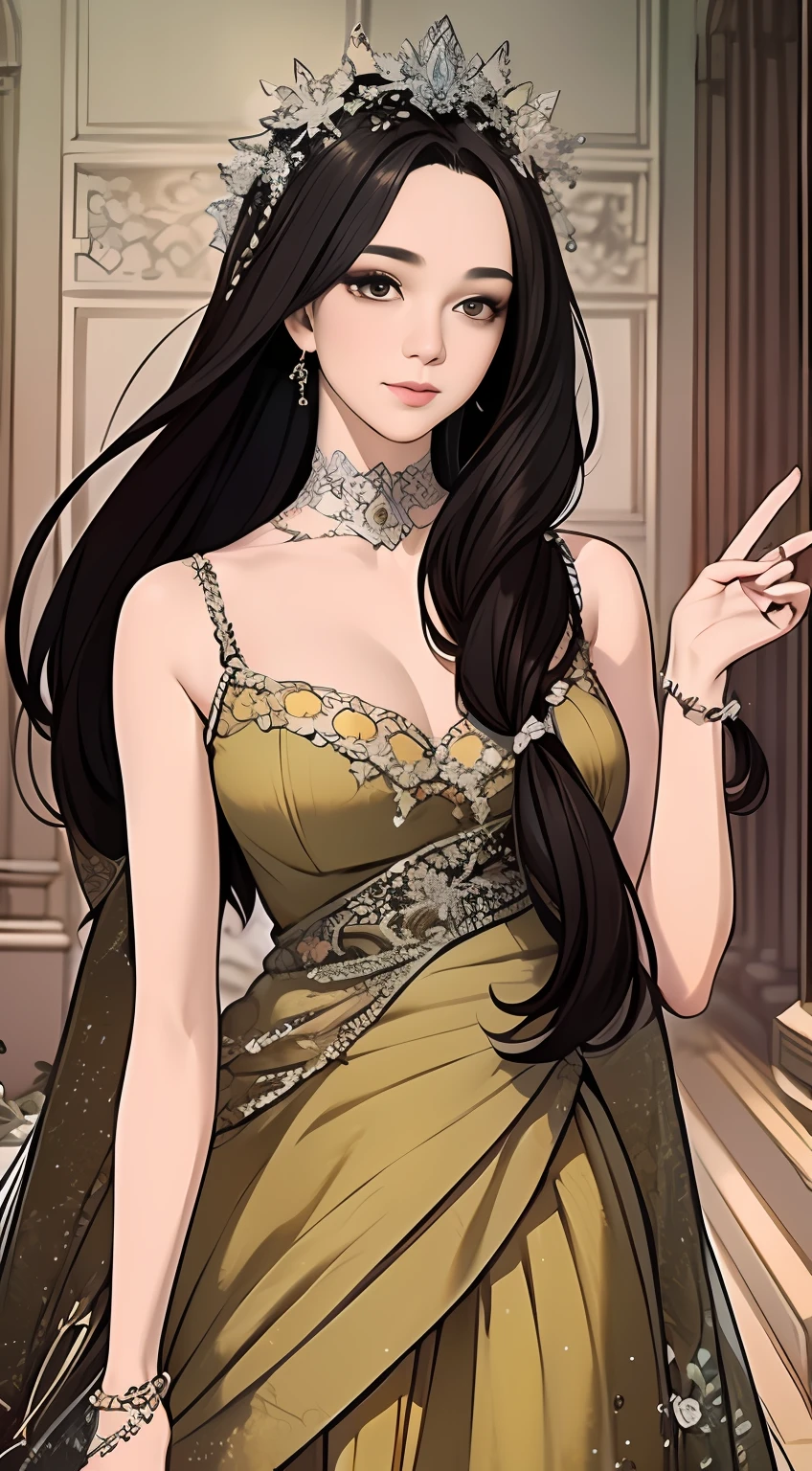 Immerse yourself in an enchanting scene depicted through a long-angle shot with a 9:16 aspect ratio. The shot zooms in, drawing attention to a beautiful harlot woman dressed in an intricate Nori seaweed gown. As the camera zooms, the details of the dress become more apparent, showcasing its delicate patterns and textures. The harlot woman exudes an alluring aura, further enhanced by the dramatic camera angle. This shot captures the captivating elegance of the character and the dress, leaving the viewer captivated by their beauty.