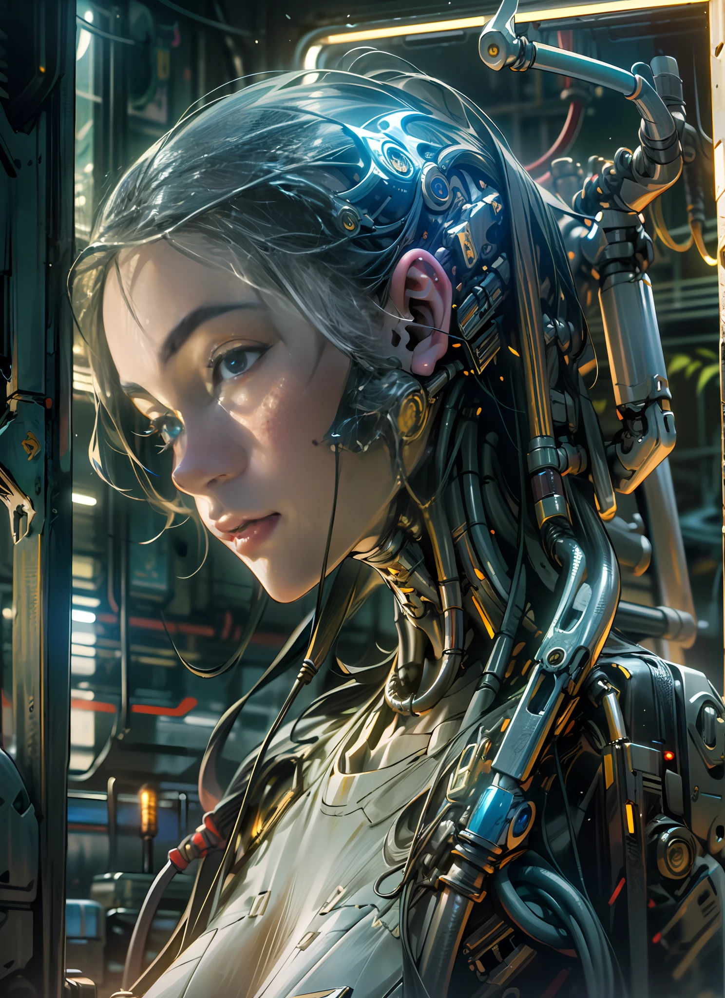 Top Quality, Masterpiece, Ultra High Resolution, ((Photorealistic: 1.4), Raw Photo, 1 cyberpunk android Girl, Glossy Skin, (Ultra Realistic Details)), mechanical limbs, tubes connected to the mechanical parts, mechanical vertebrae attached to the spine, mechanical cervical attachment to the neck, wires and cables connecting to the head, Evangelion, ((Ghost in the Shell)), small glowing LED lamps, global lighting, deep shadows, Octane Rendering, 8K, Ultra Sharp, Metal, Intricate Ornament Details, baroque details, Very intricate details, realistic light, CGSoation trend, facing the camera, neon details, (android manufactory in background), art by H.R. Giger and Alphonse Mucha.