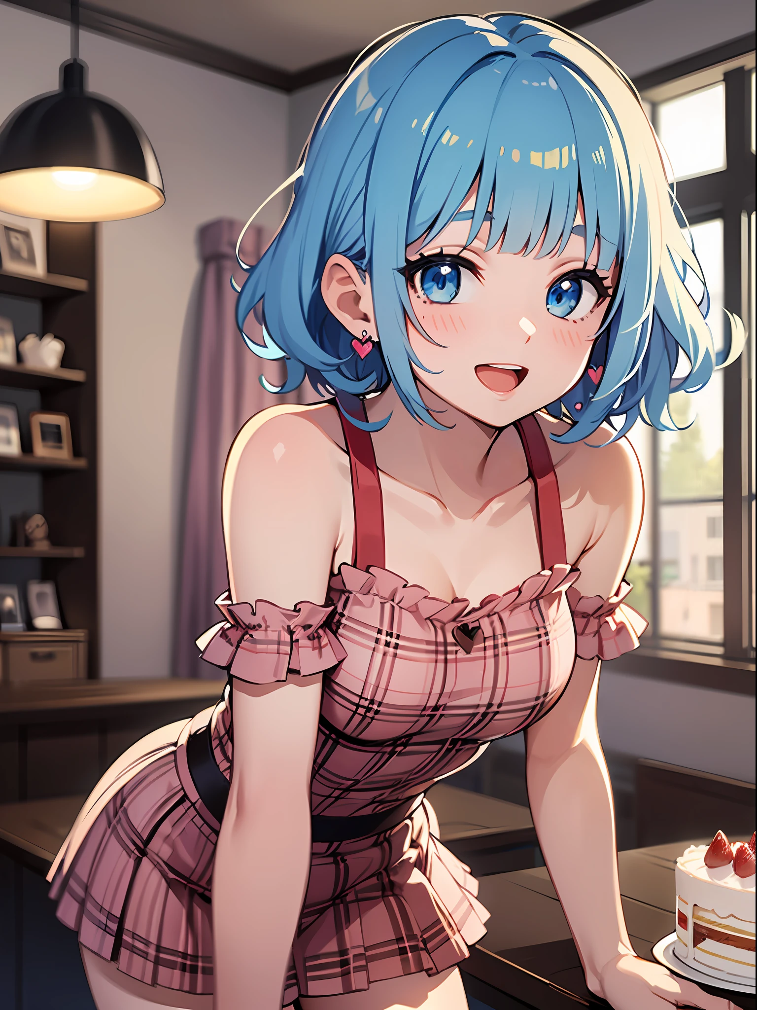 (masterpiece:1.3), (best quality:1.3), high resolution,
upper body,
leaning forward, (holding:1.1), body facing forward,
(one cute girl:1.3), solo,
white skin, small Breast, eight-headed person,
light blue hair, (bobbed hair:1.2), (short hair:1.1), (blunt bangs:1.2), beautiful hair, blue eyes, beautiful detailed eyes,
blush, open mouth, heart, cheerful smile,
short dress, red check skirt, frill, miniskirt, earrings,
indoors, white room, (large whole cake:1.2),
shadowlighting,