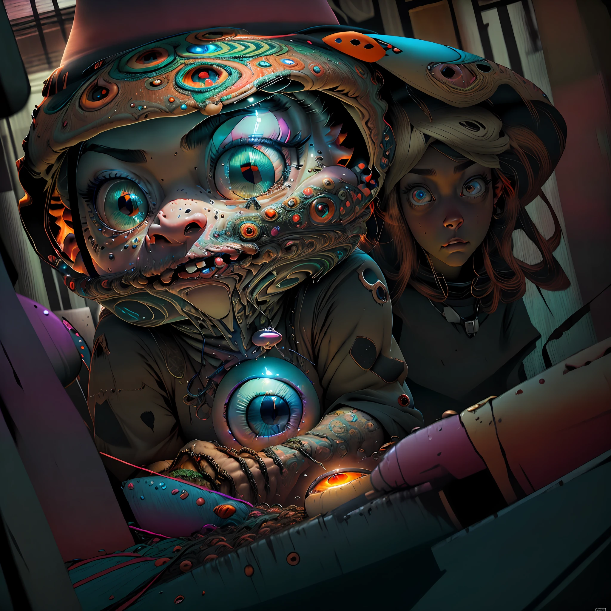 Eyeball with an ultra-realistic penetrating look in a night bar with psychedelic lights, realistic scenario