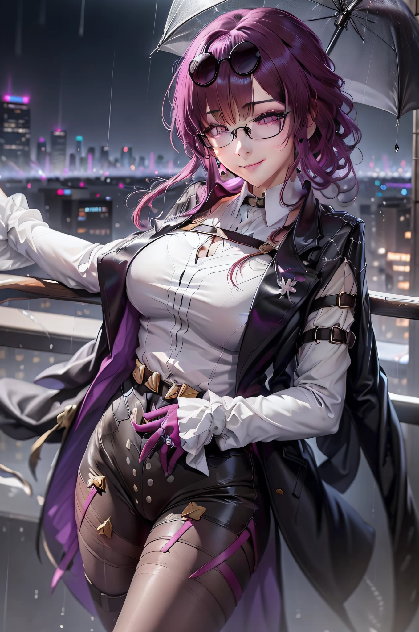 1girll， 独奏， a purple eye， glasses on head， black black jacket， lacepantyhose， white  shirt， 城市， natta， view over city， rain drops， Sateen， light_smile， looking at viewert， scenecy， （cowboy lens，The upper part of the body），