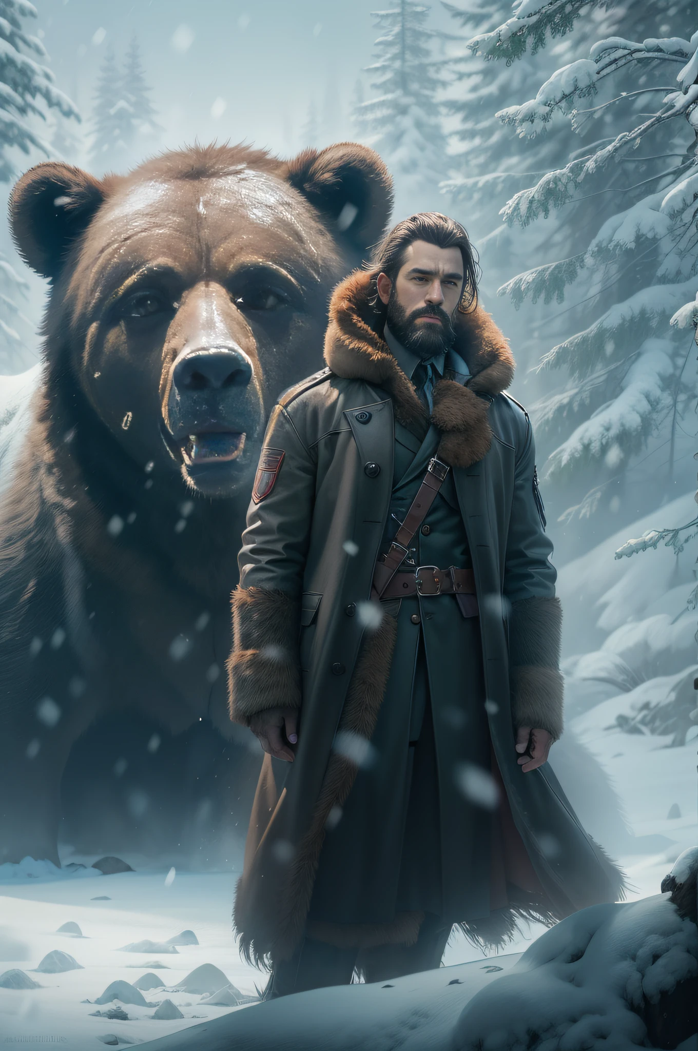 A man with a beard and a bear's head in the snow, wojtek fus, movie still 8 k, author：Marcin Zaleski, cinematic atmospheric photo, author：Dmitry Levitsky, author：Adam Maczynski, Epic portraits of movie shoots, author：Tomasz Jedruszek, still from live action movie, author：Alexei Venezyanov