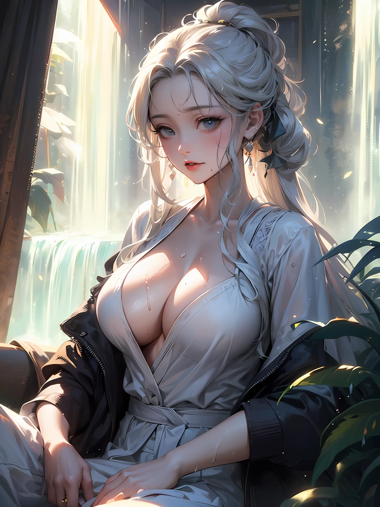 Bigboobs, Thin waist, White hair, Beautiful face, Wearing a white towel, Breast coverage, under waterfall, Deep water in the chest, In the water, inside a waterfall, under waterfall, Shower under the waterfall, Sit under the waterfall, Bathe under the waterfall, Close-up Shot Shot, Wet clothes, Wet hair, Wet body, Water ran down her face and body))), ((Ultra-detailed)), (illustration), (Detailed light), ((An extremely delicate and beautiful)), gothgirl,