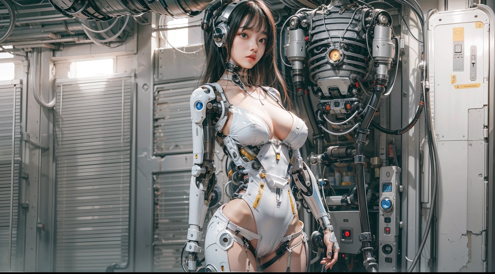 Android Girl, 1girl, cybernetic limbs, sexy, small pubic hair, cybernetic part, breast, fullbody, naked