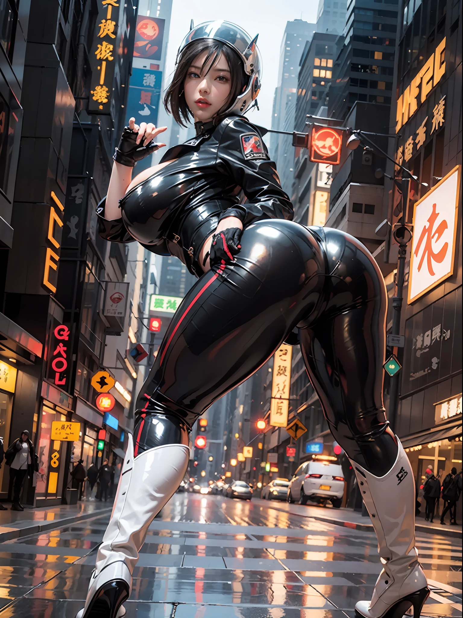 top-quality、masterpiece、超A high resolution、(Photorealsitic:1.4)、Raw photo、girl with、full body Esbian、Neon street in the city at night、Tight and shiny silver suit、电影灯光、Rider Suit、Pull down the zipper of the suit、Breast exposure、cleavage of the breast、Viewer's Perspective、The big bike of the future behind、Beautiful ass、Beautiful belly、Beautiful breasts、Beautiful back、独奏、ultra fine photos、Portrait Unreal Engine 5 8K UHD skin girl in tight futuristic black latex outfit and white jacket、PVC、Futuristic full-face helmet、Futuristic rubber gloves、Futuristic high boots、 World of Cyberpunk, Have a gun, Official Art, 统一 8k 壁纸, foco nítido, dynamicposes, Parts of the body, No extra limbs, precisely anatomy