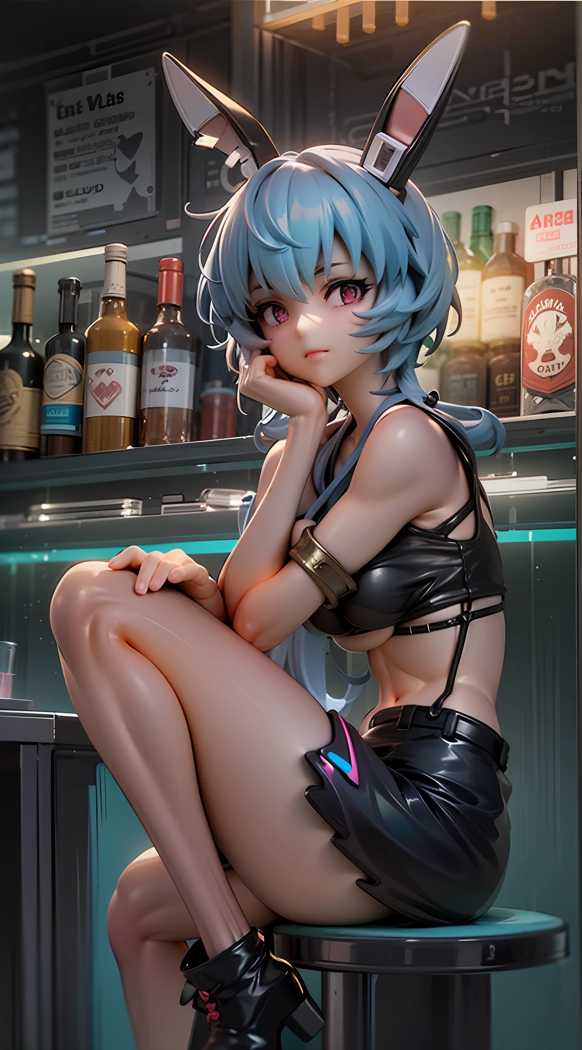 1girl, beautiful eye, smile, jaded bunny girl Ayanami Rei, tired and defiant expression, thin eyebrows, black belt bikini, short, wavy purple hair in a wolf cut, eyes of mixed weariness and defiance, pose of self-defensive stance, short fluffy bunny tail, long bunny ears with a bow, post-closing time bar in the background, neon lights flickering, large bust barely contained by the belt bikini, skin glowing under the dim lights, one hand resting on her hip, other hanging loosely at her side, bar stools and empty glasses in the background,((upper body)) ,((nude, breastsout, a navel, nipple)),dim lights casting long shadows, her gaze fixed on some distant point, bar counter reflecting the dim light, emptied shot glasses lined up, her stance conveying weariness, worn-out expression that speaks volumes, tinge of rebellion in her stance, the stark contrast between her scanty outfit and the tiredness in her eyes, her figure outlined in the soft glow of neon signs, reluctant resilience etched in her face, air of resignation and defiance, aura of weary allure, poignant atmosphere of after-hours solitude, a picture of the gritty reality behind the glitz and glamor,