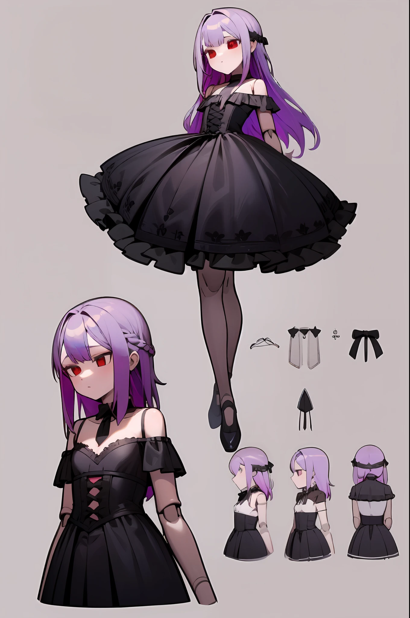 masterpiece, illustration, best quality, ++, 1girl, solo, light purple hair, long hair, french braid, single sidelock, red eyes, multicolored eyes, small breasts, flat chest, ****, victorian dress, embellished dress, black dress, corset, neckwear, off-shoulder dress, frills, doll, doll joints, ++, ((character reference sheet, same character in different poses, character turnaround, multiple views)), (transparent background, gray background:1.2), arms behind back, upper body, portrait, cold, neutral