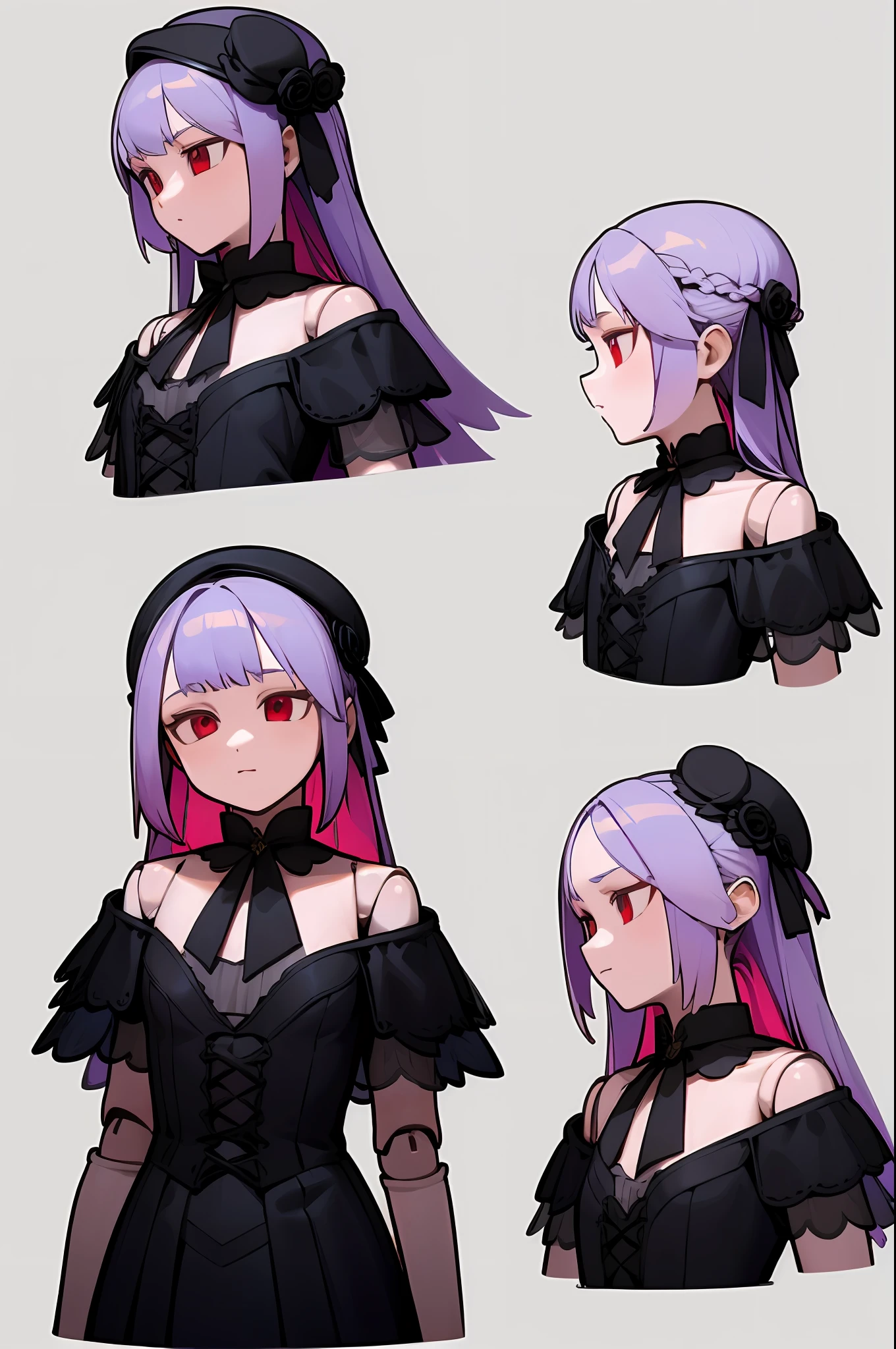 masterpiece, illustration, best quality, ++, 1girl, solo, light purple hair, long hair, french braid, single sidelock, red eyes, multicolored eyes, small breasts, flat chest, ****, victorian dress, embellished dress, black dress, corset, neckwear, off-shoulder dress, frills, doll, doll joints, ++, ((character reference sheet, same character in different poses, character turnaround, multiple views)), (transparent background, gray background:1.2), arms behind back, upper body, portrait, cold, neutral