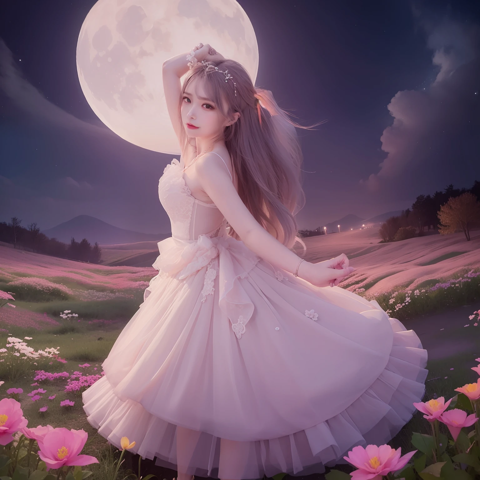 Vast landscape photos、(View from below with a view of the sky and the wilderness below)、(((20-year-old woman standing in a flower garden)))、(((look up to)))、((((Spread your arms wide from side to side))))、posterior view、a smile、Hair that flutters in the wind、White blouse、((Long pink pleated skirt fluttering in the wind)),(10cm High Heels),posterior view,(Big Full Moon:1.2),(((There are two full moons))),(shooting stars:0.9)、(nebulas:1.3)、mountain in the distance、Tree Break Production Art、(Warm color light source:1.2)、(fireflys:1.2)、abajour、Purple and orange、intricate detailes、Volume Lighting、Realism Break (masterpiece:1.2)、(top-quality)、4K、Ultra-Details、(The composition of the movement:1.4)、Very detailed and colorful details、(Iridescent colors:1.2)、(Glowing lighting、Atmospheric lighting)、dream-like、Magical、(独奏:1.2)